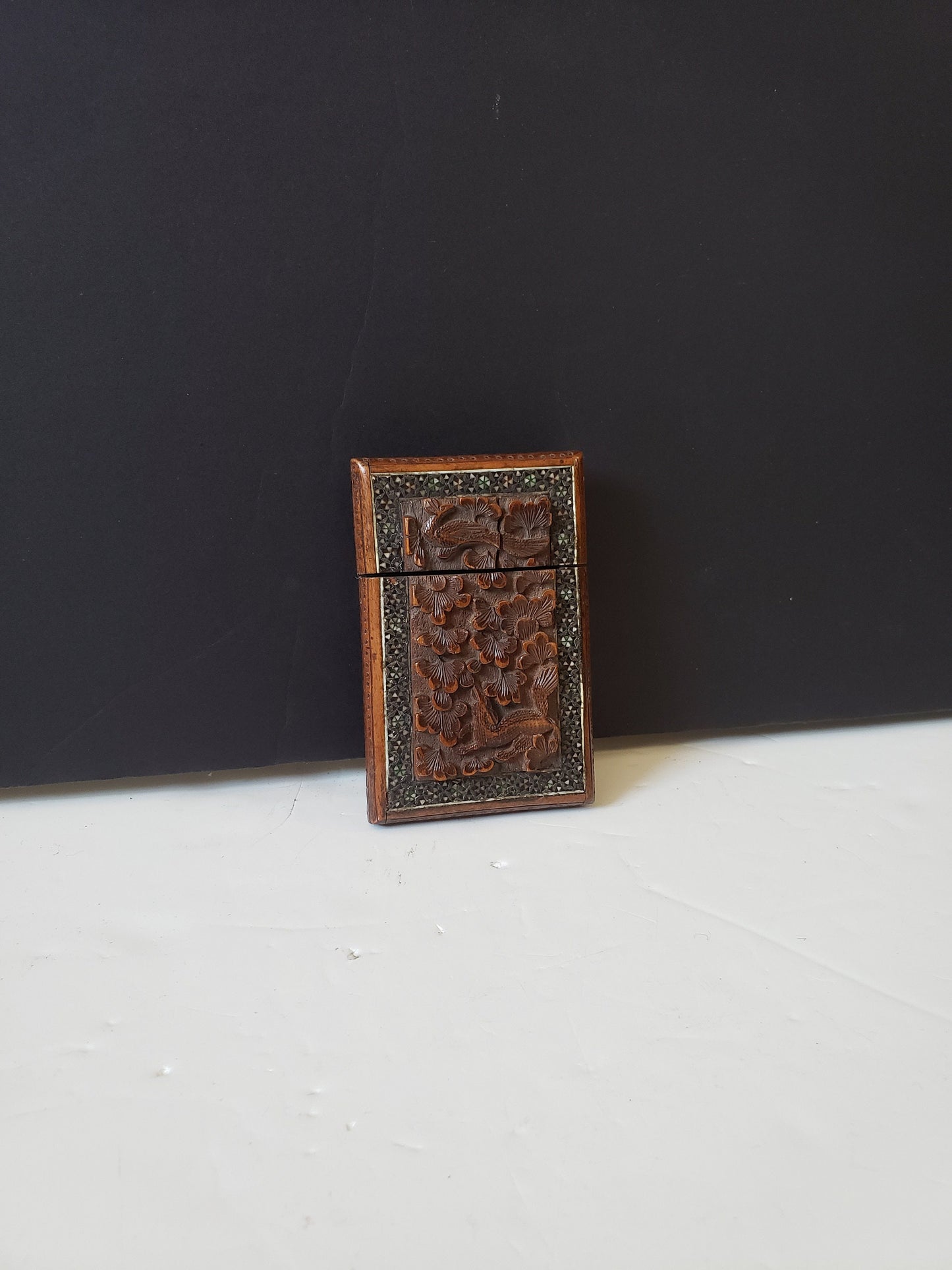 Antique Indian Victorian Carved Wood Card Case