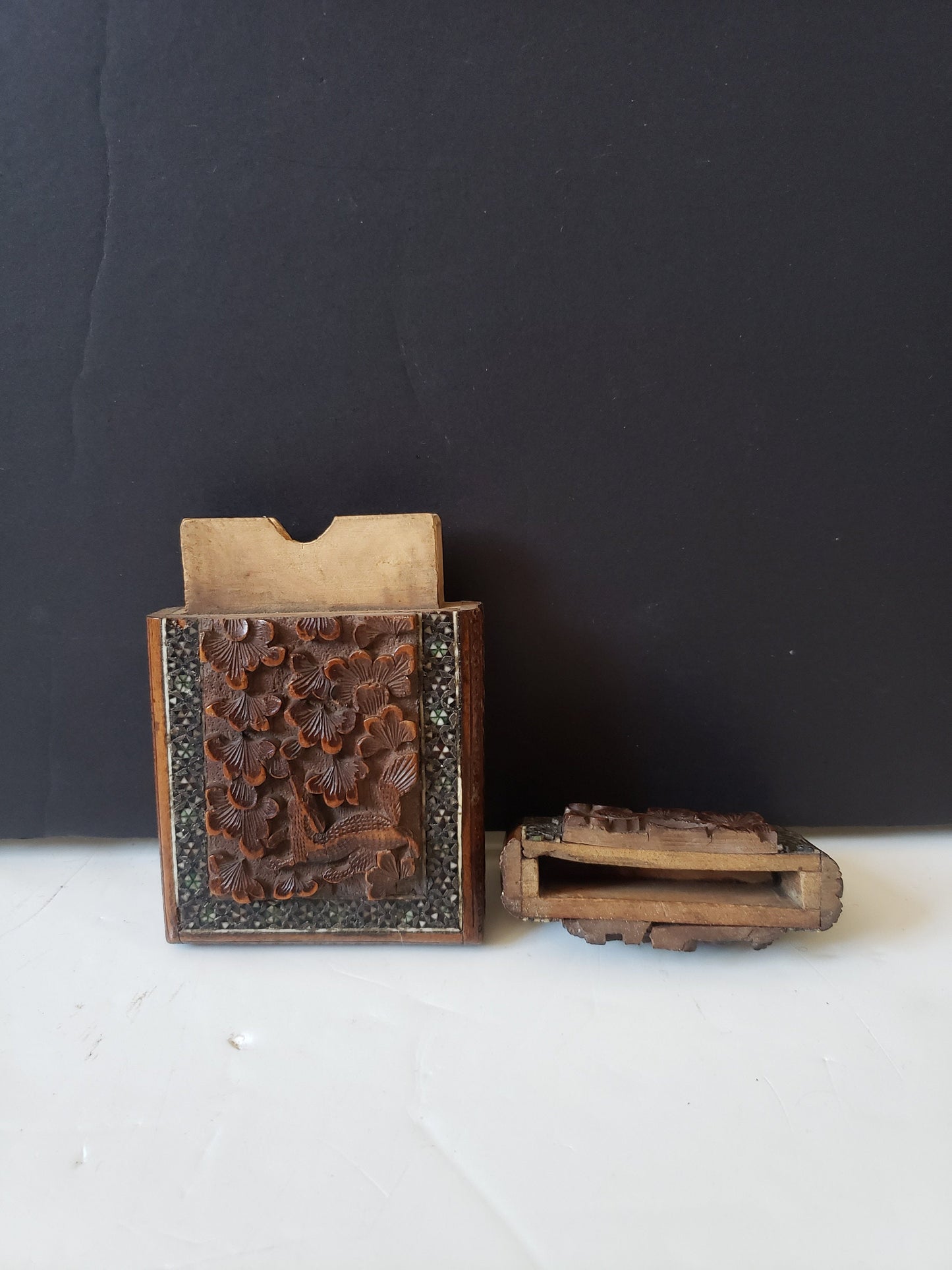 Antique Indian Victorian Carved Wood Card Case