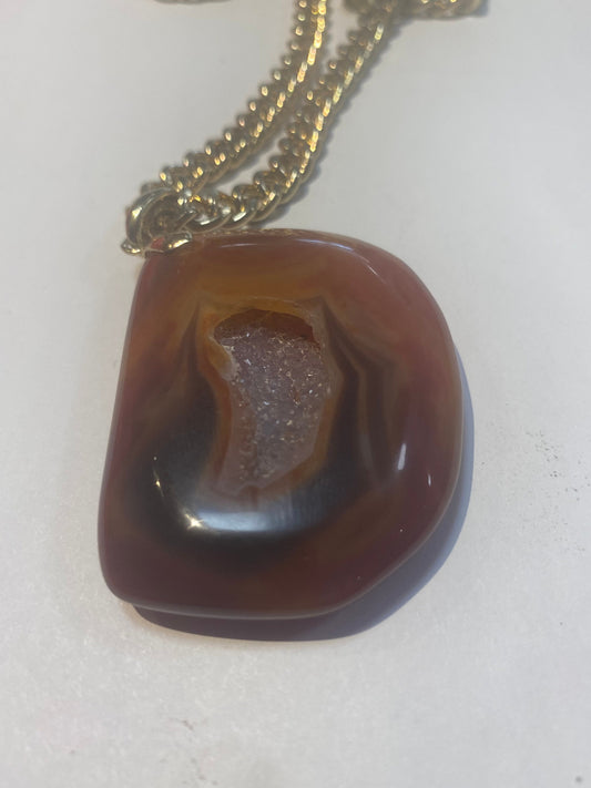 Unusual Agate geode pendant with gold necklace