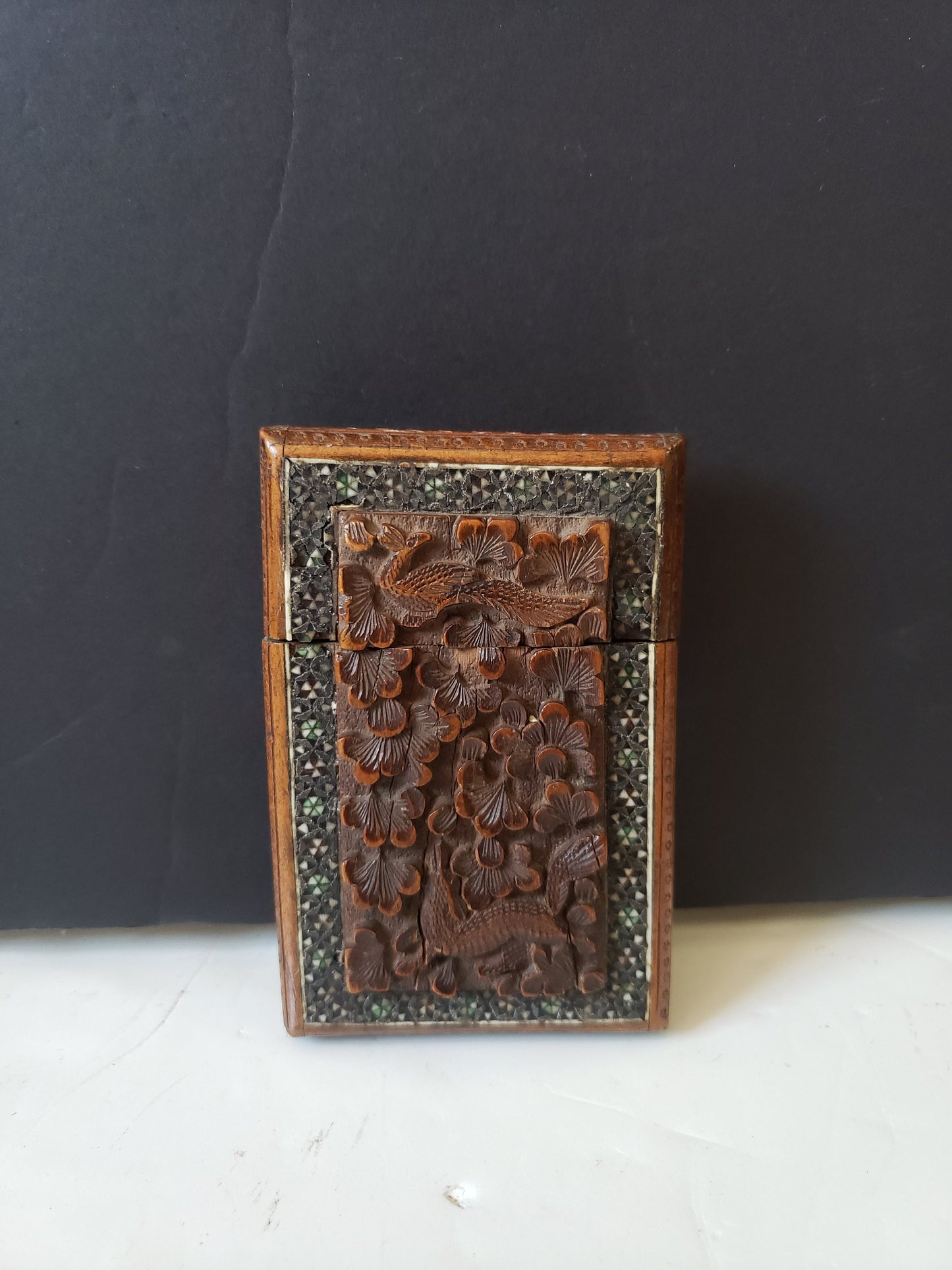 Antique Indian Victorian Carved Wood Card Case