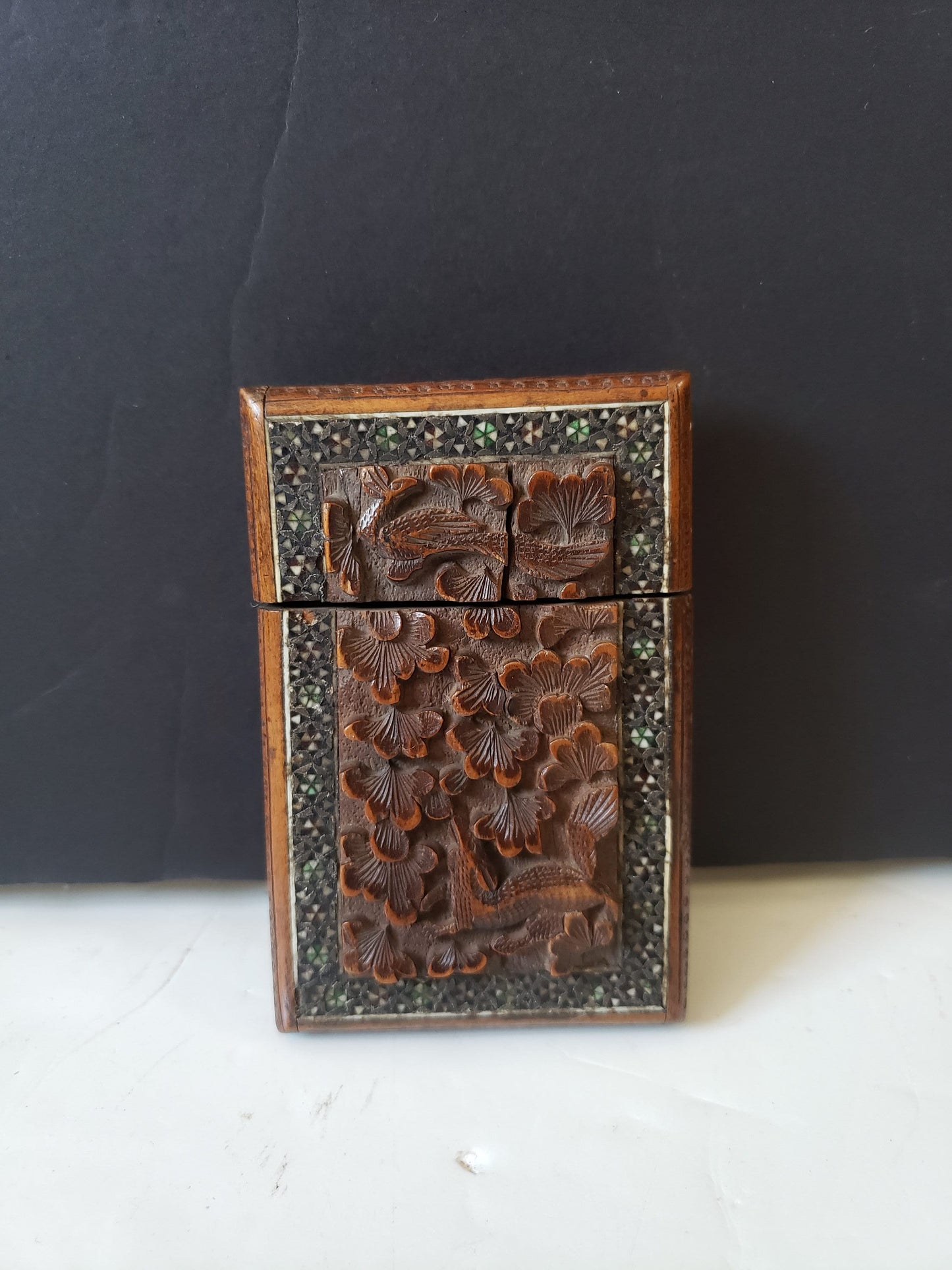 Antique Indian Victorian Carved Wood Card Case