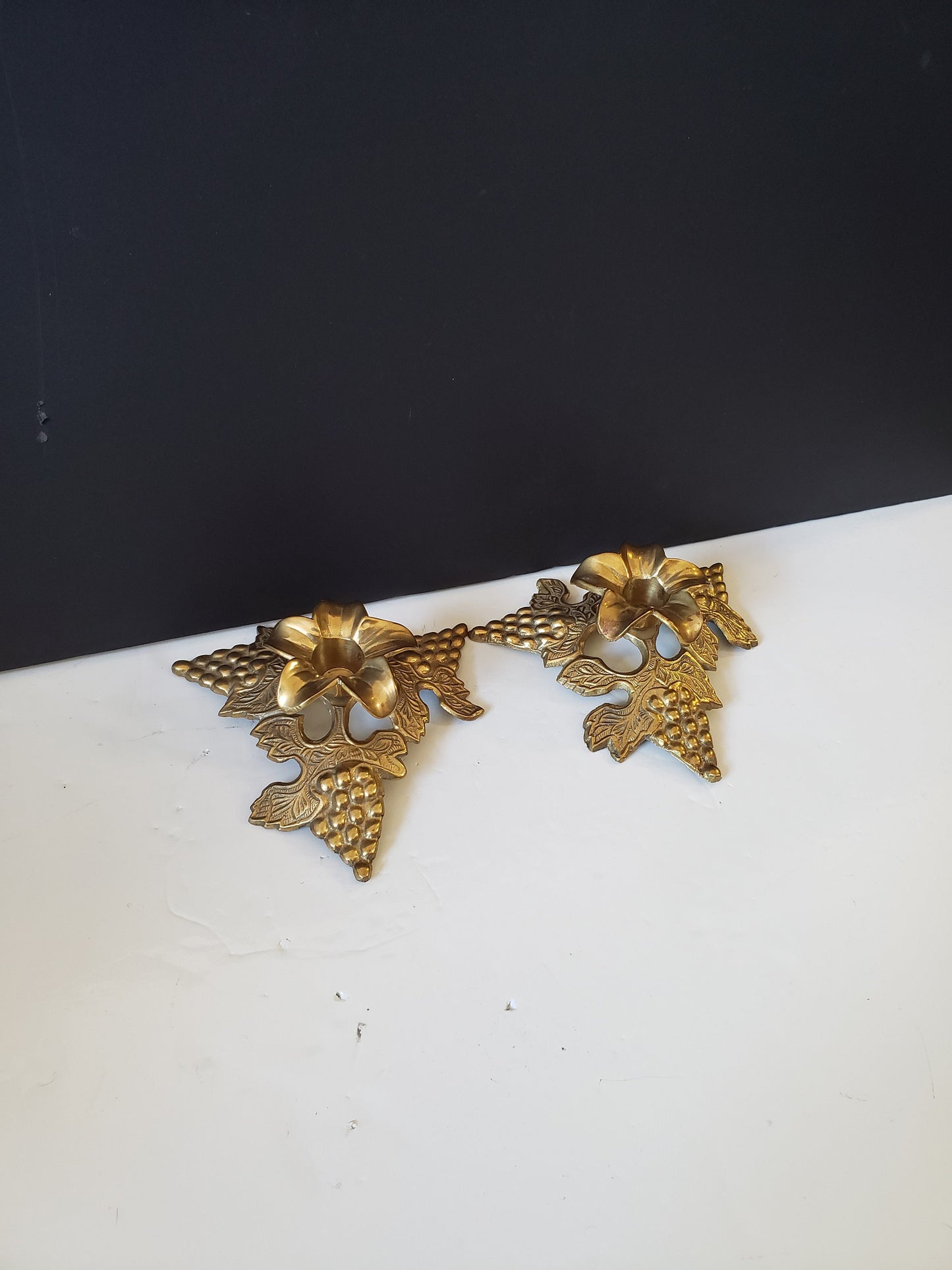 Pair of Brass Grape and Vine Candleholders