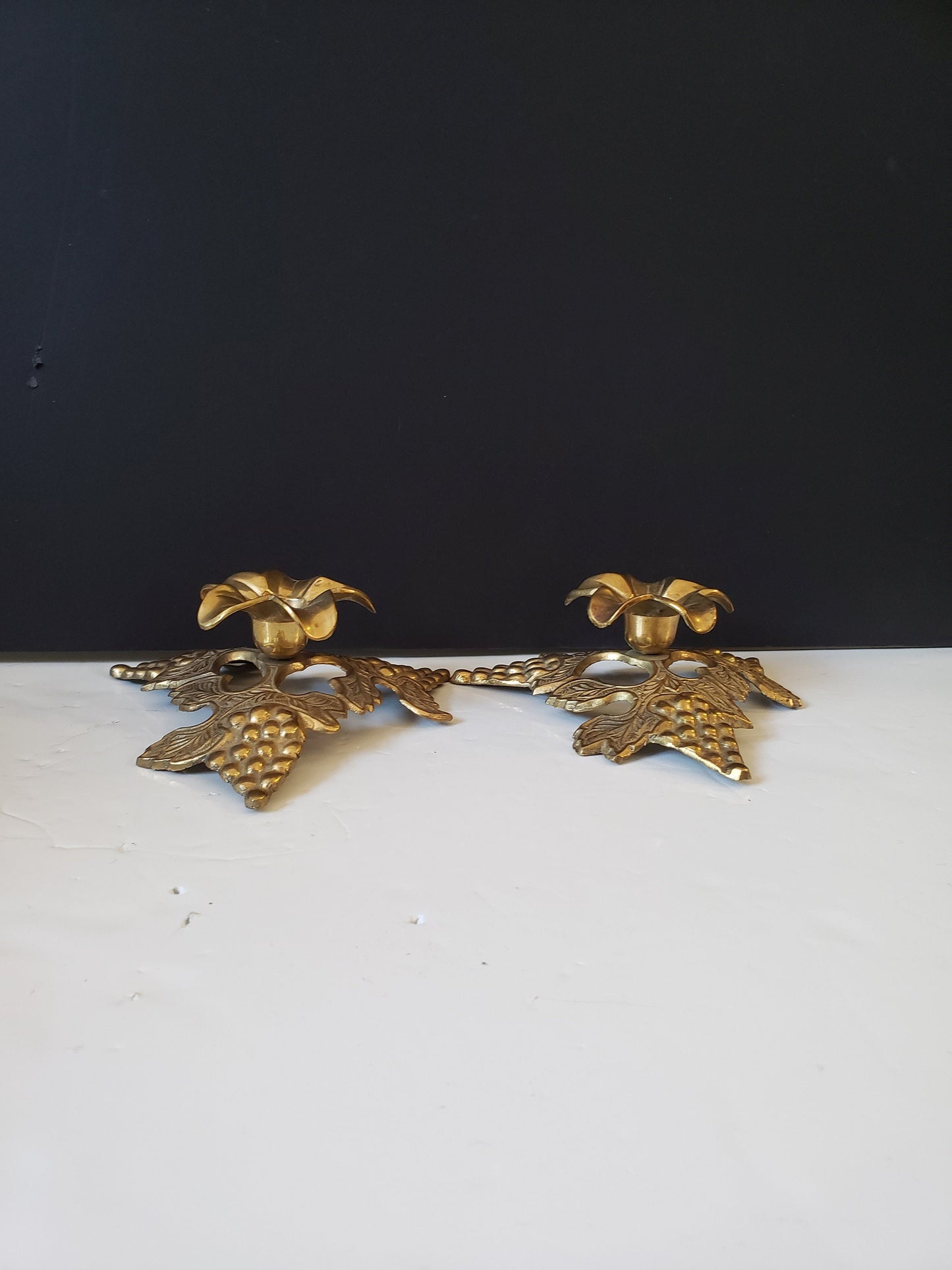 Pair of Brass Grape and Vine Candleholders