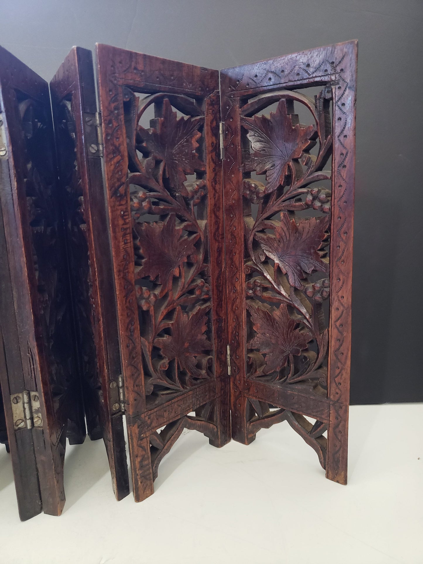 Antique Indian Grape + Leaf Carved Table Screen