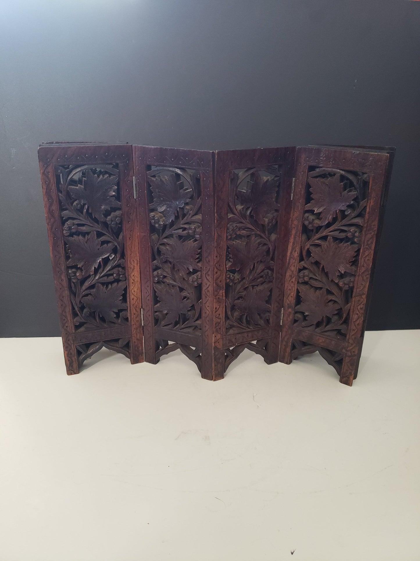 Antique Indian Grape + Leaf Carved Table Screen