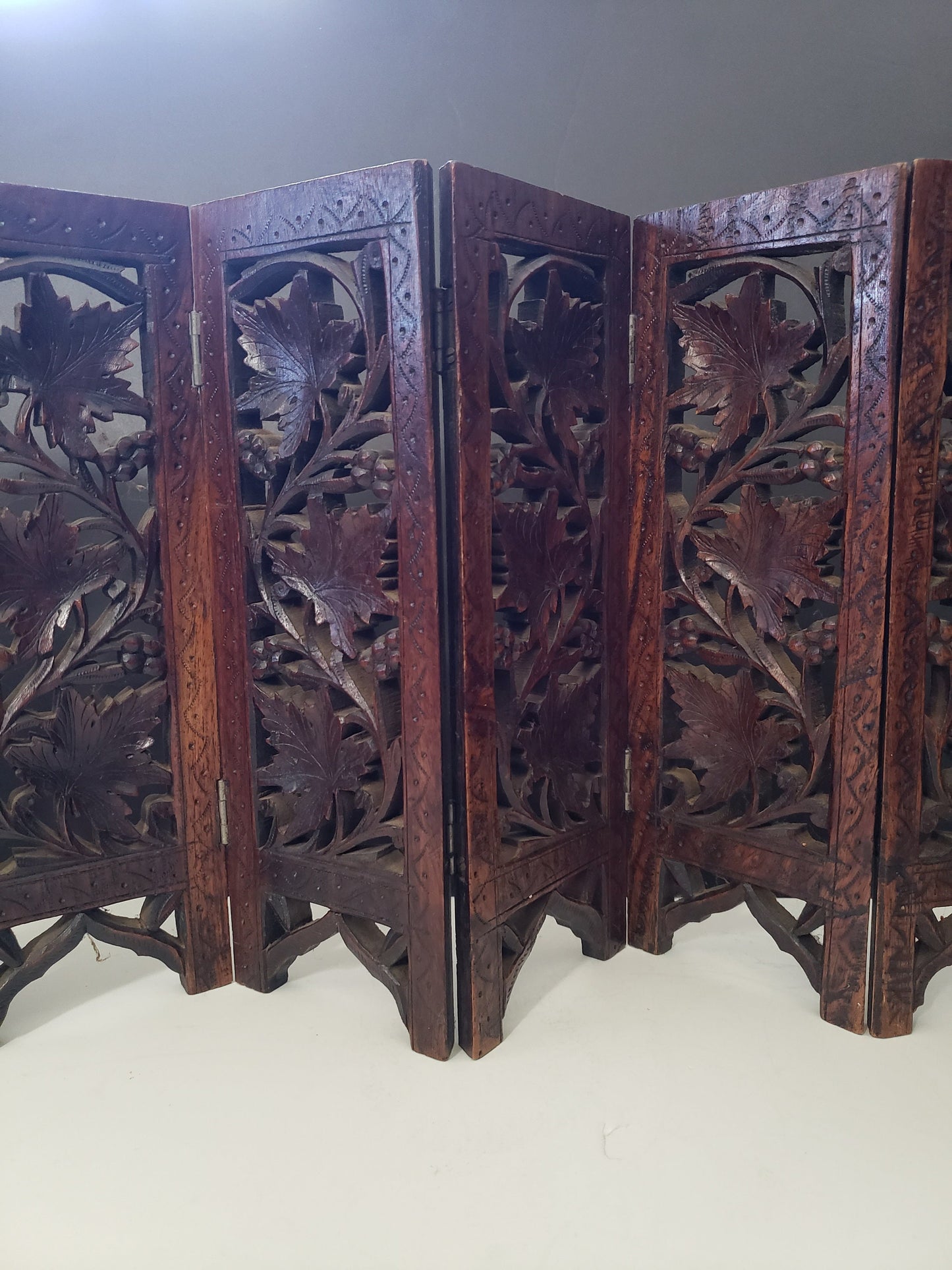 Antique Indian Grape + Leaf Carved Table Screen