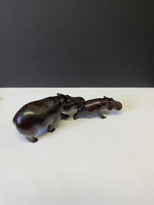 A  Spectacular 13 inch pipe African vintage Ebony wood hippos  mother and child hippopotamus   Has to be seen to be truly appreciated