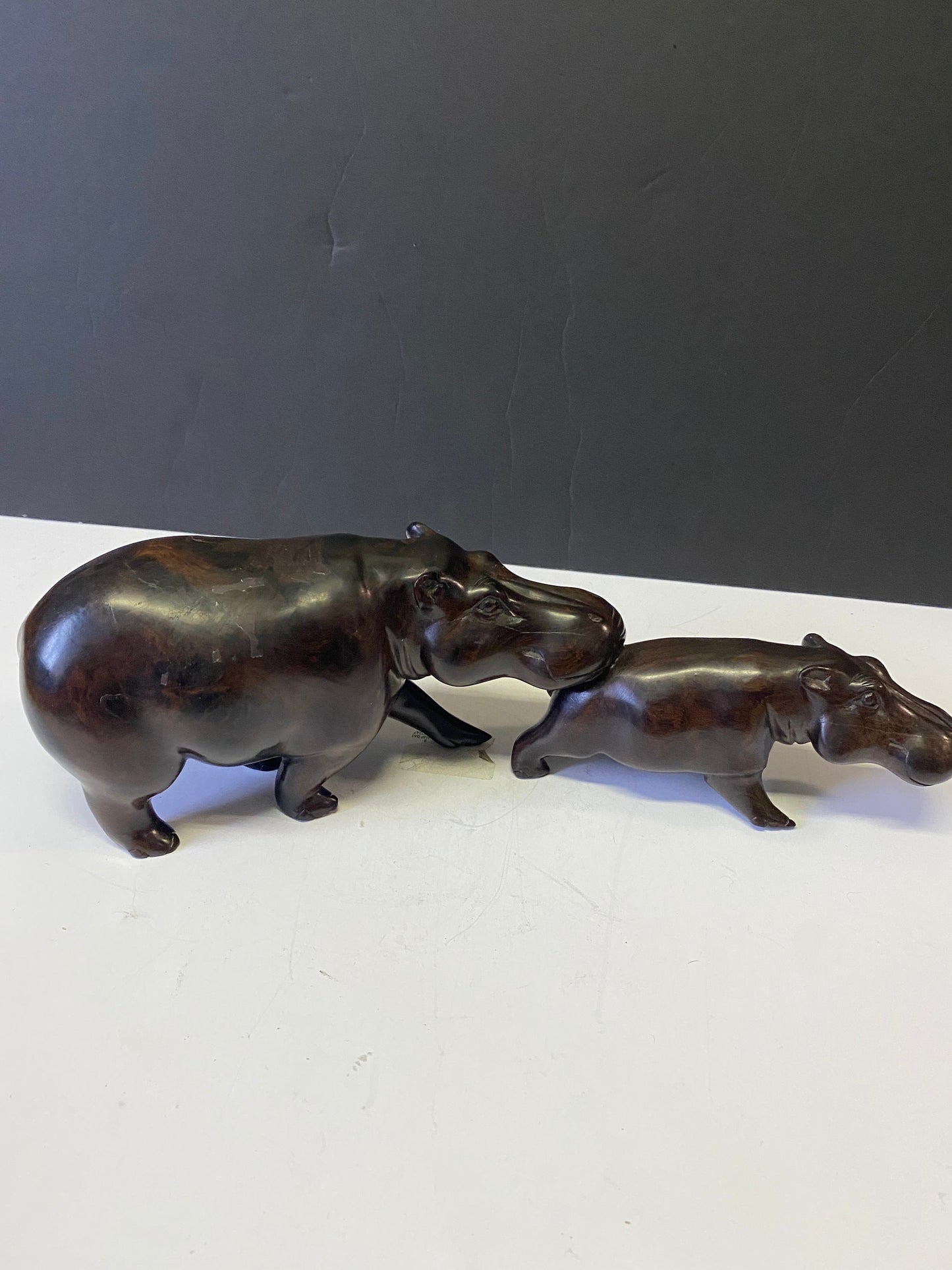 A  Spectacular 13 inch pipe African vintage Ebony wood hippos  mother and child hippopotamus   Has to be seen to be truly appreciated