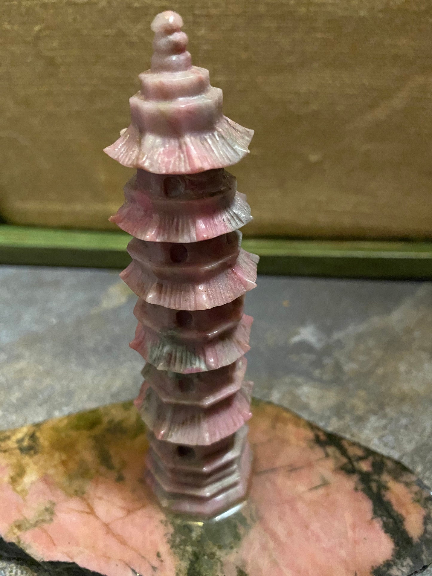 6 inch rhodonite pagoda on stand  well carved  stunning