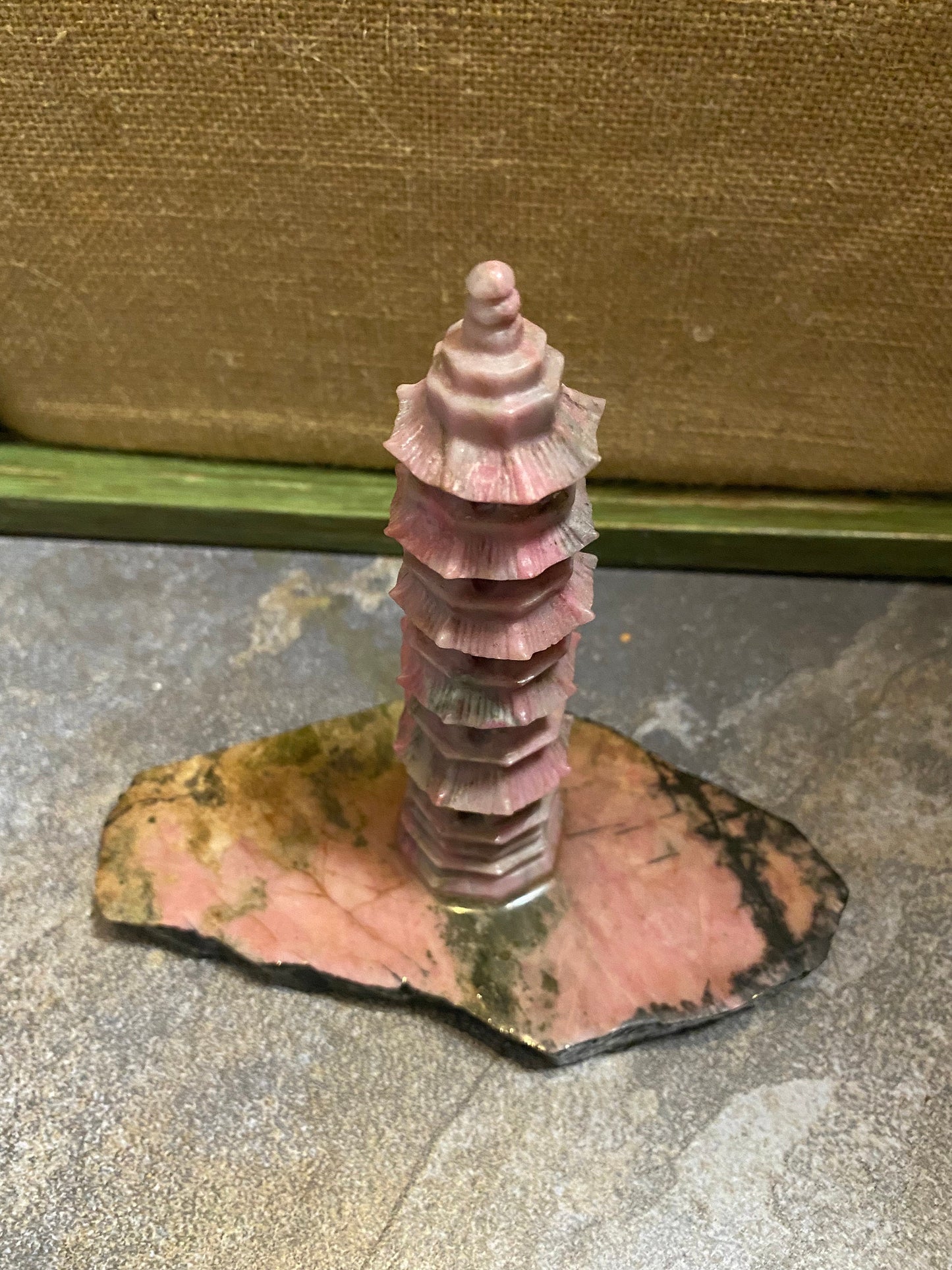 6 inch rhodonite pagoda on stand  well carved  stunning