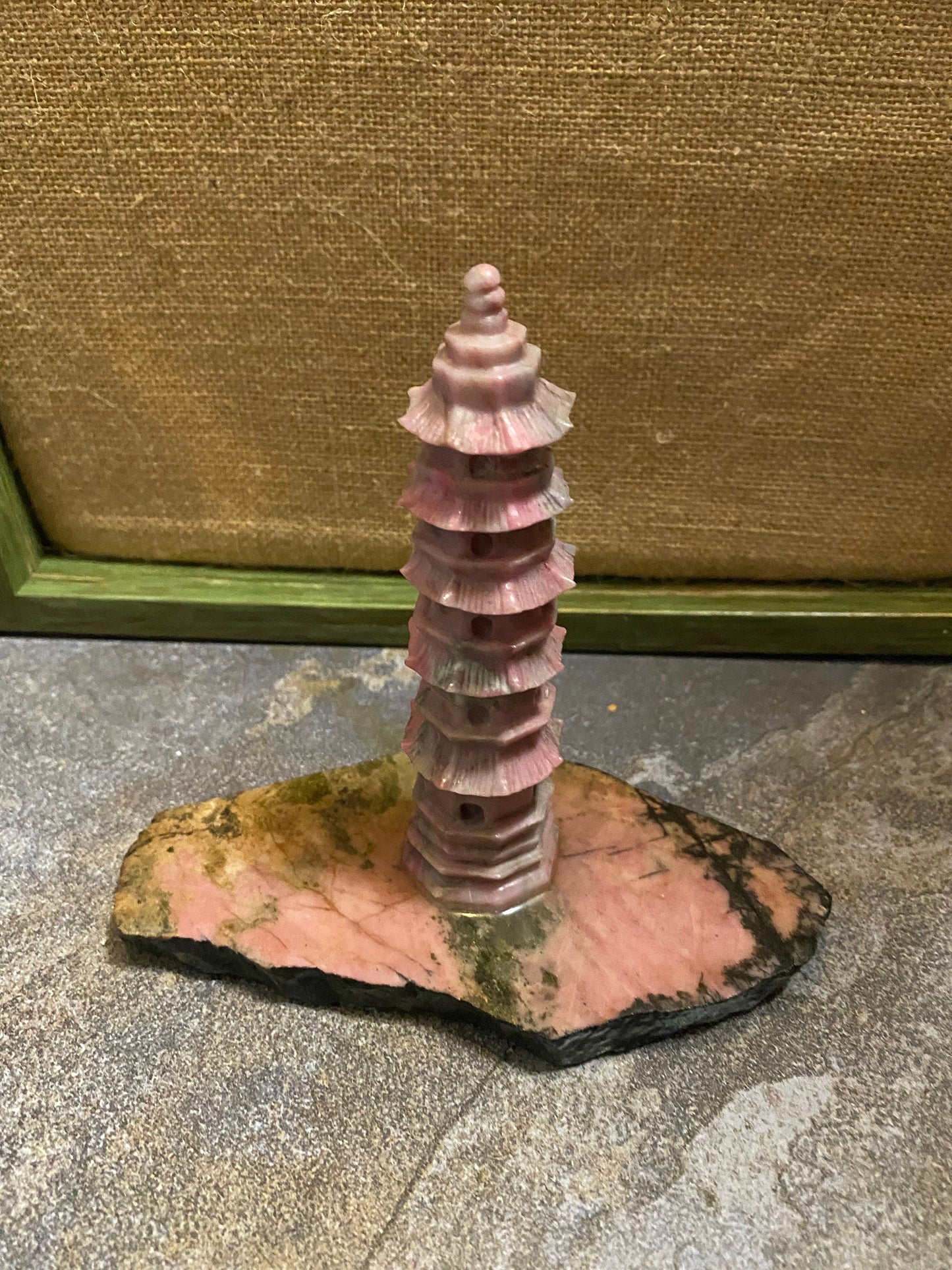 6 inch rhodonite pagoda on stand  well carved  stunning