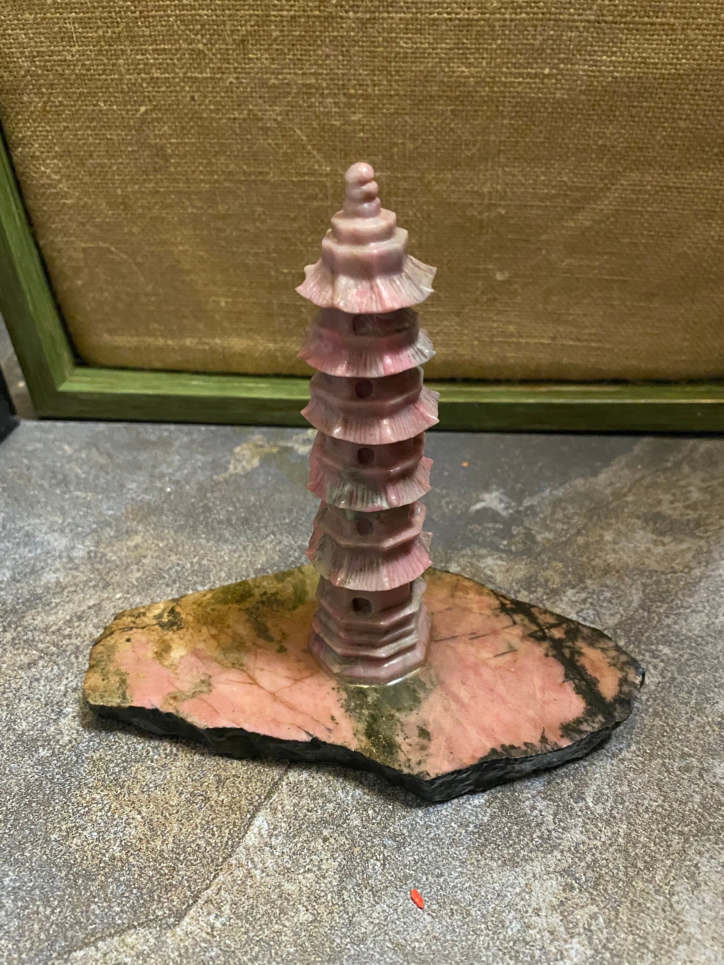 6 inch rhodonite pagoda on stand  well carved  stunning