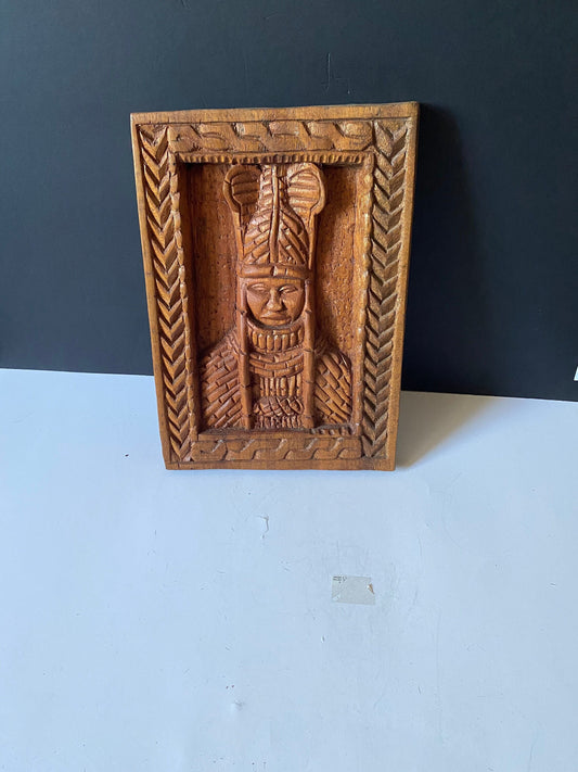 15 inch western African carved wooden  plaque of a tribal chief