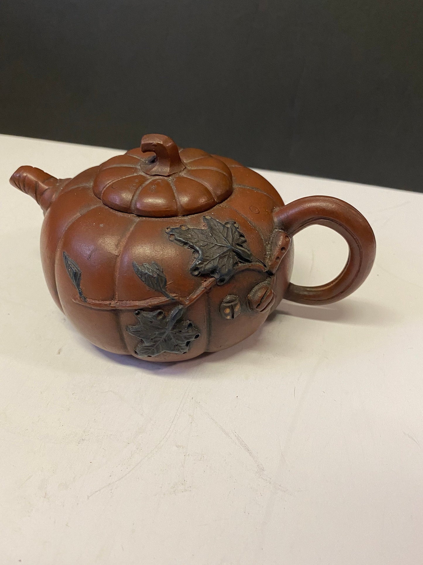 A  Chinese signed Clay teapot with unusual decoration  6 inches long