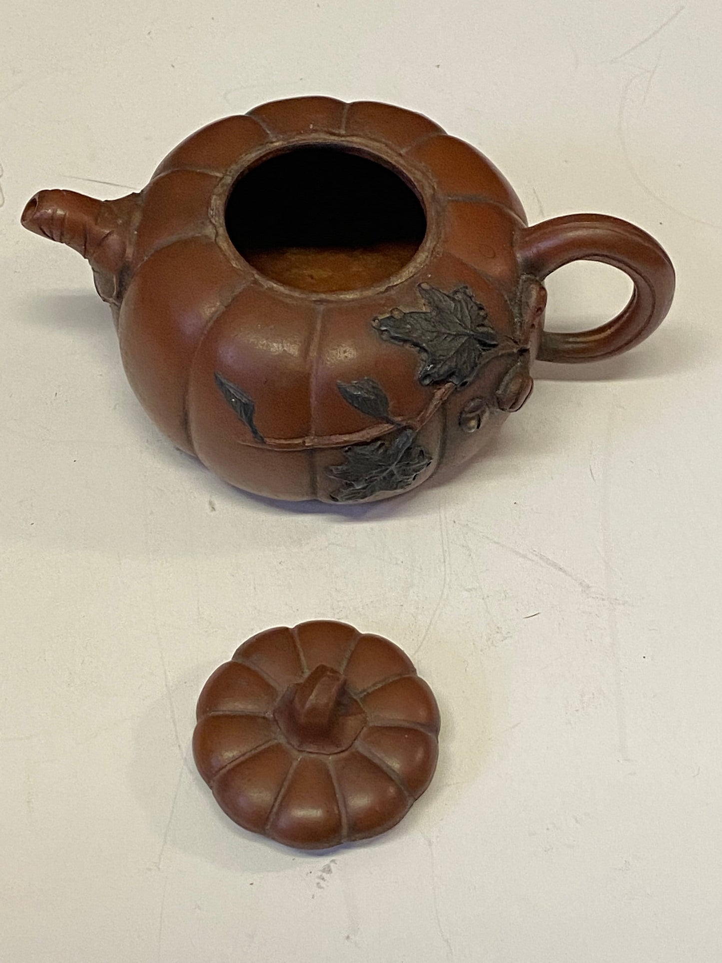 A  Chinese signed Clay teapot with unusual decoration  6 inches long