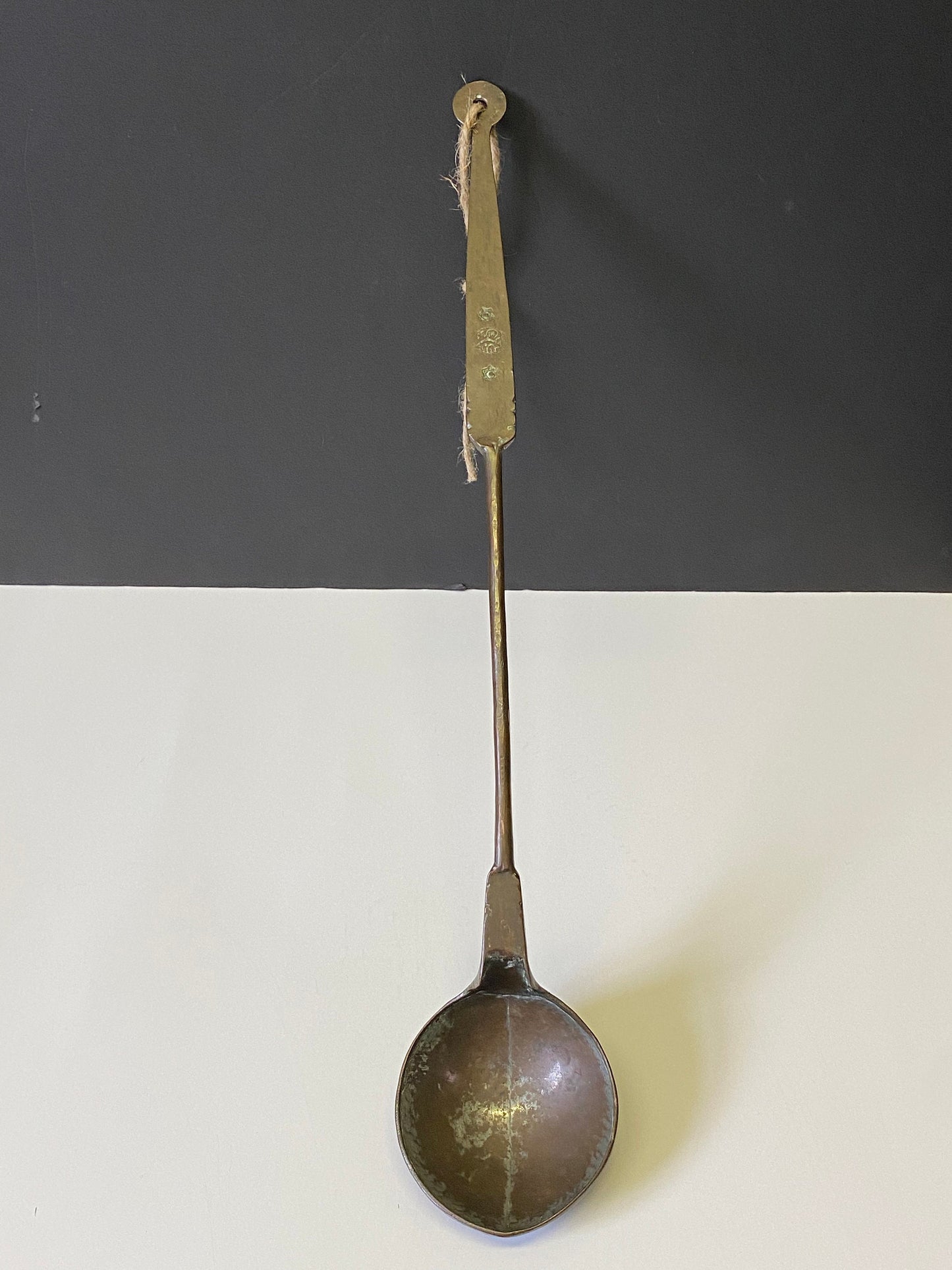 A  21 inch antique signed Tibetan  copper ladle with amazing patina  has to be seen to be believed