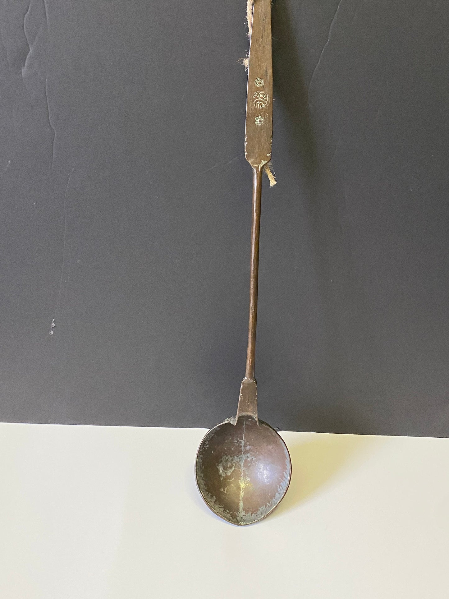 A  21 inch antique signed Tibetan  copper ladle with amazing patina  has to be seen to be believed