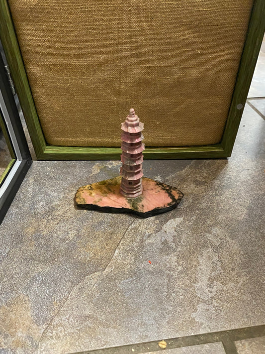 6 inch rhodonite pagoda on stand  well carved  stunning