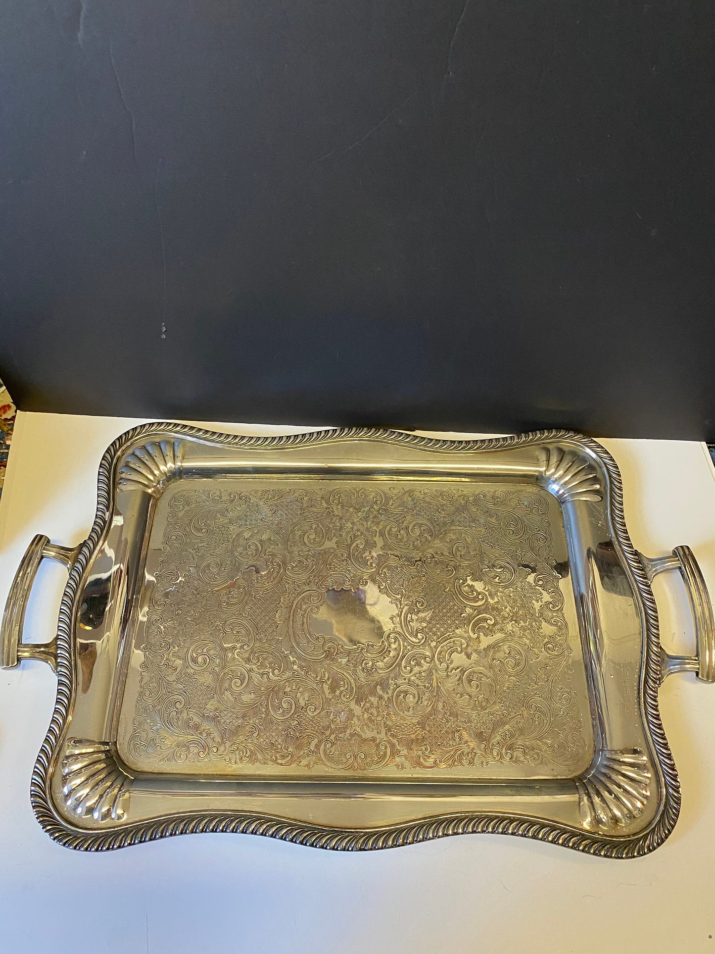 An absolutely cracking 24 x 15 Antique Canadian made double handle art deco silver plated serving tray with scalloped corners