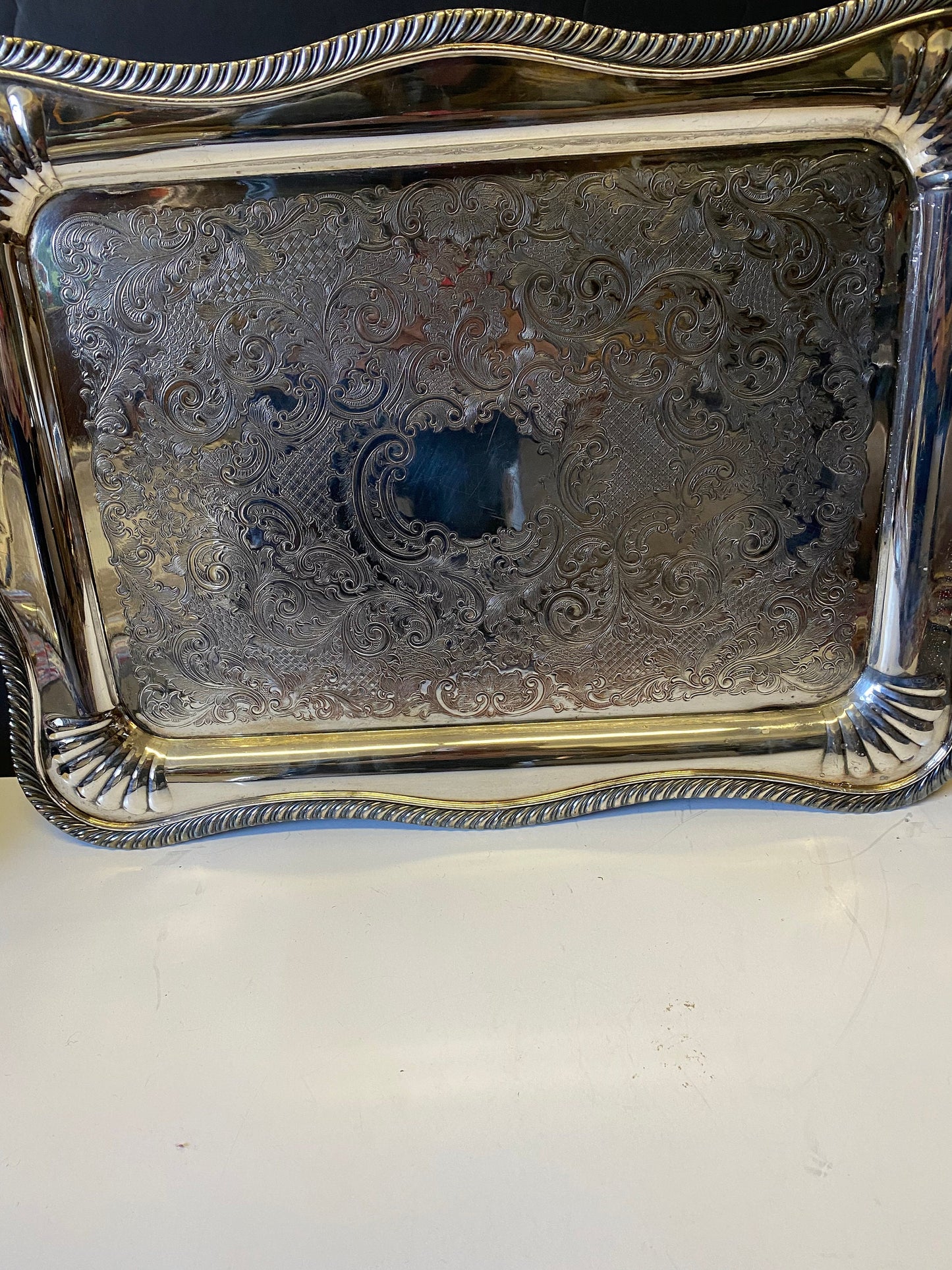 An absolutely cracking 24 x 15 Antique Canadian made double handle art deco silver plated serving tray with scalloped corners