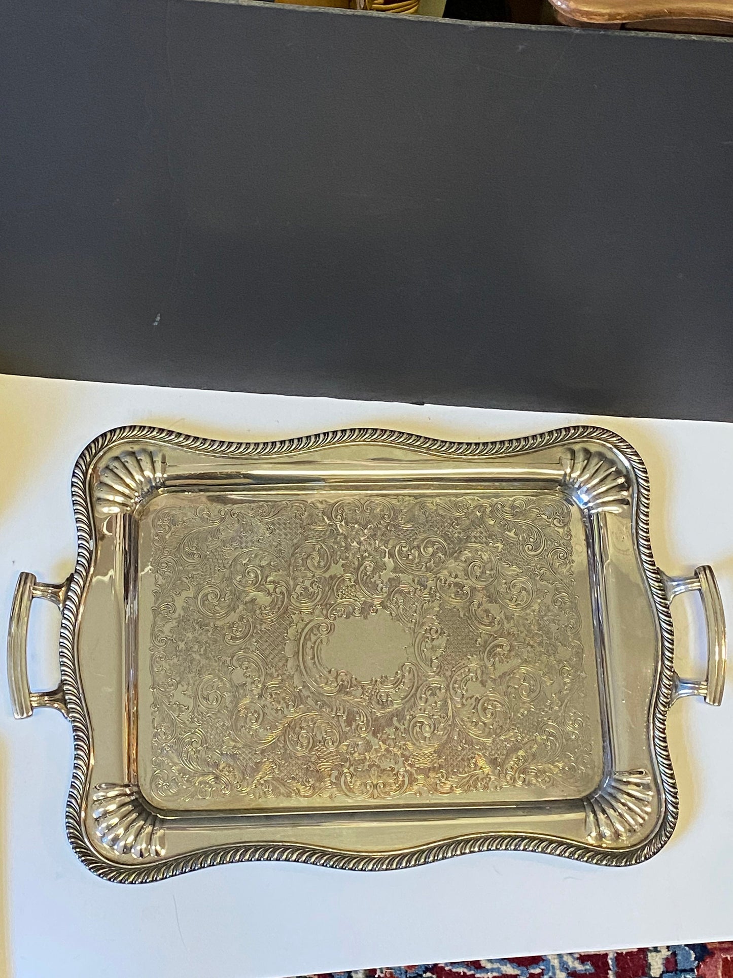 An absolutely cracking 24 x 15 Antique Canadian made double handle art deco silver plated serving tray with scalloped corners