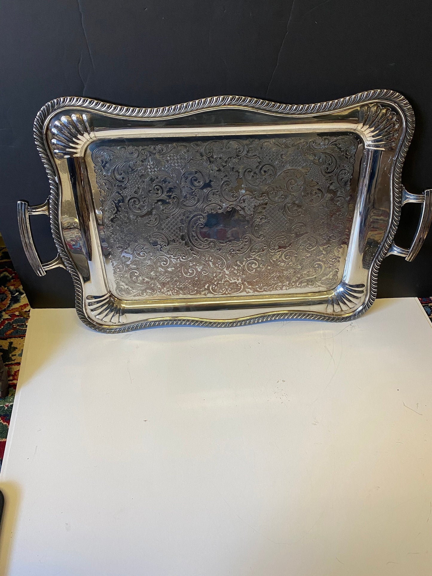 An absolutely cracking 24 x 15 Antique Canadian made double handle art deco silver plated serving tray with scalloped corners