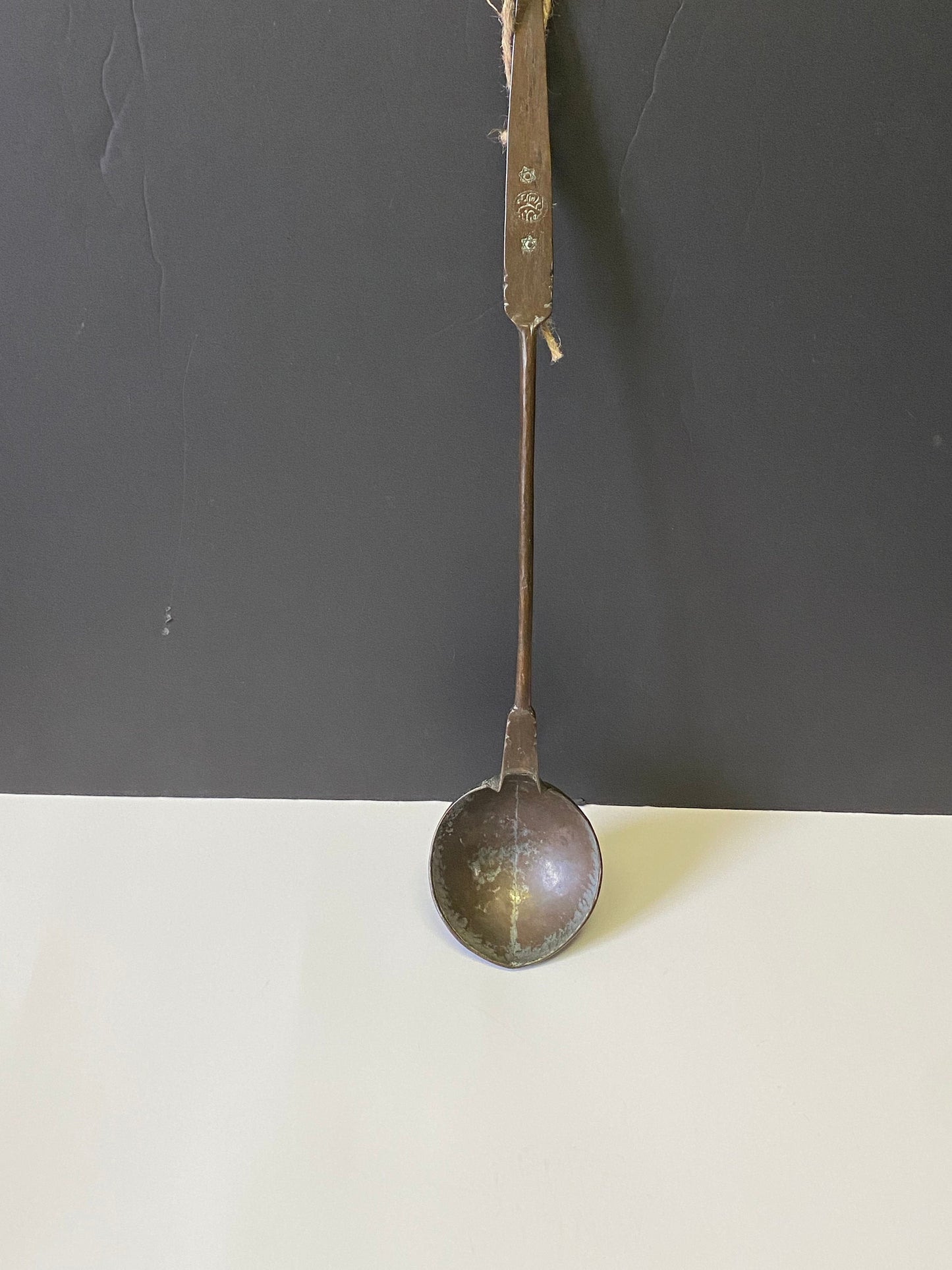 A  21 inch antique signed Tibetan  copper ladle with amazing patina  has to be seen to be believed