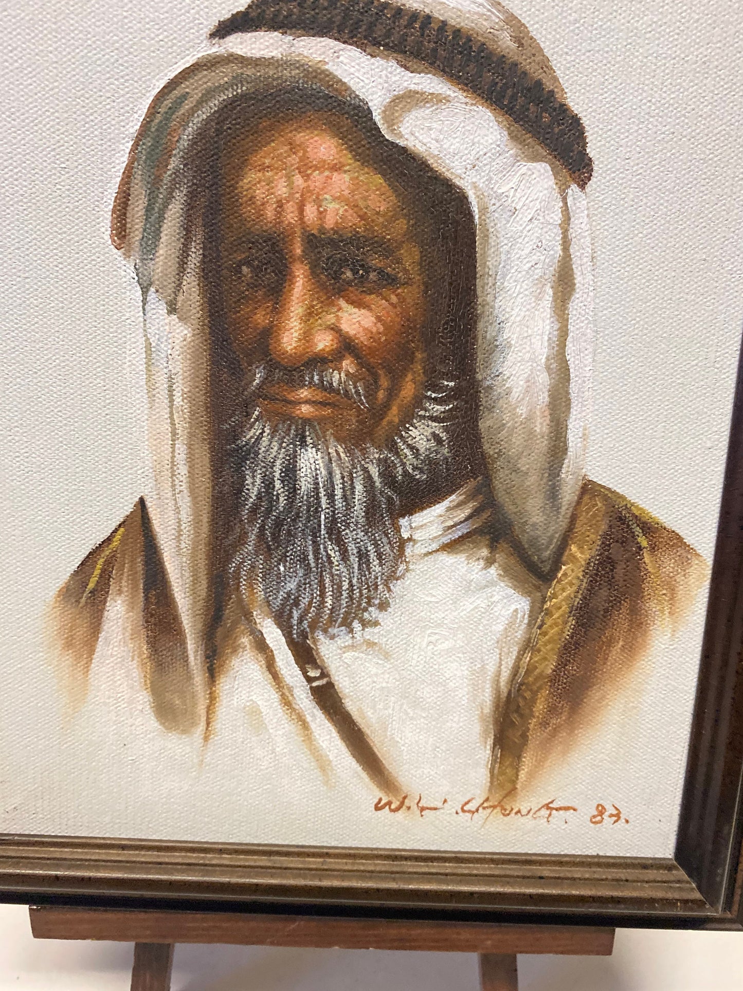 A  Fabulous 12 x 10 framed oil painting of an Arab gentleman  signed W H Chung  Masterful painting  still life realness