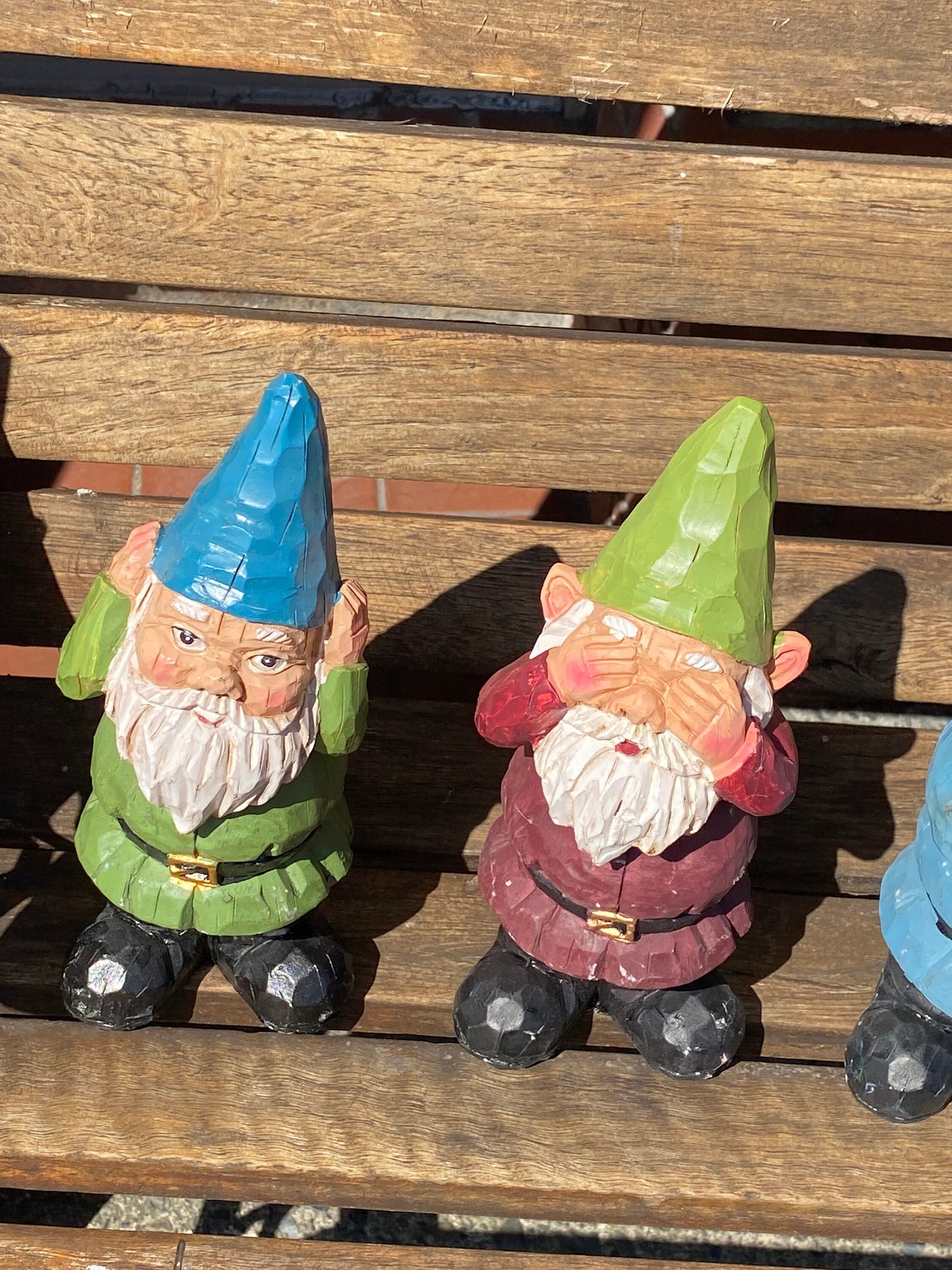 Adorable set of 3 8 inch gnomes  Concrete with porcelain bobble  heads  see no hear no speak no evil  Amazing garden gift