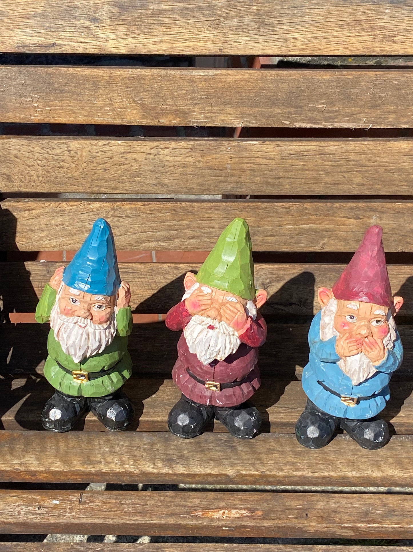 Adorable set of 3 8 inch gnomes  Concrete with porcelain bobble  heads  see no hear no speak no evil  Amazing garden gift