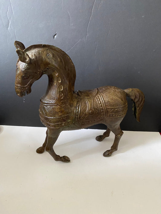 A  Absolutely fantastic 15 inch high by 14 inches long detailed bronze galloping horse  good weight  old old patina  One of a kind