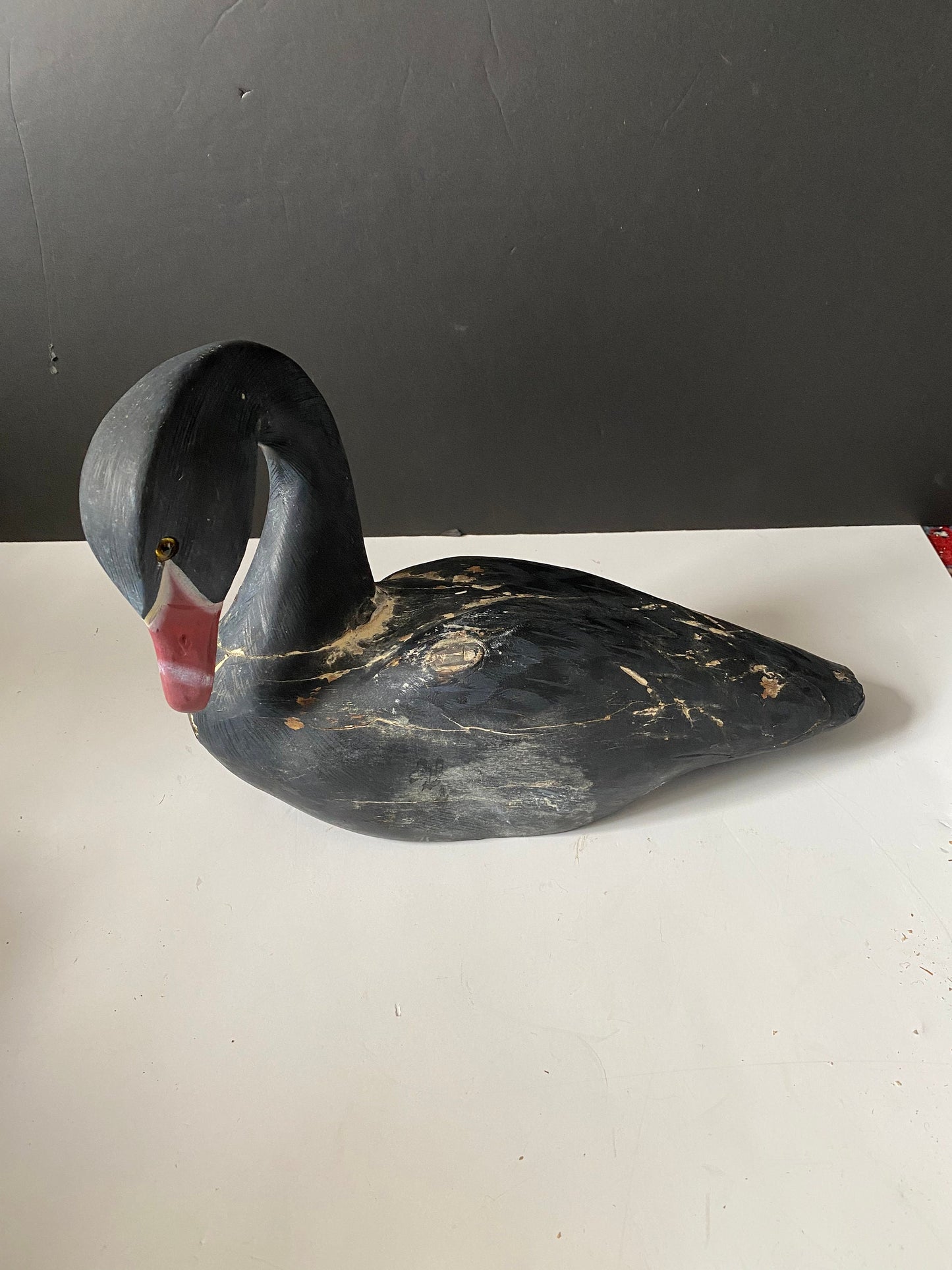 Absolutely fabulous older folk art duck decoy  signed  12 x 9 high  Condition issues but a real character piece  Fabulous patina