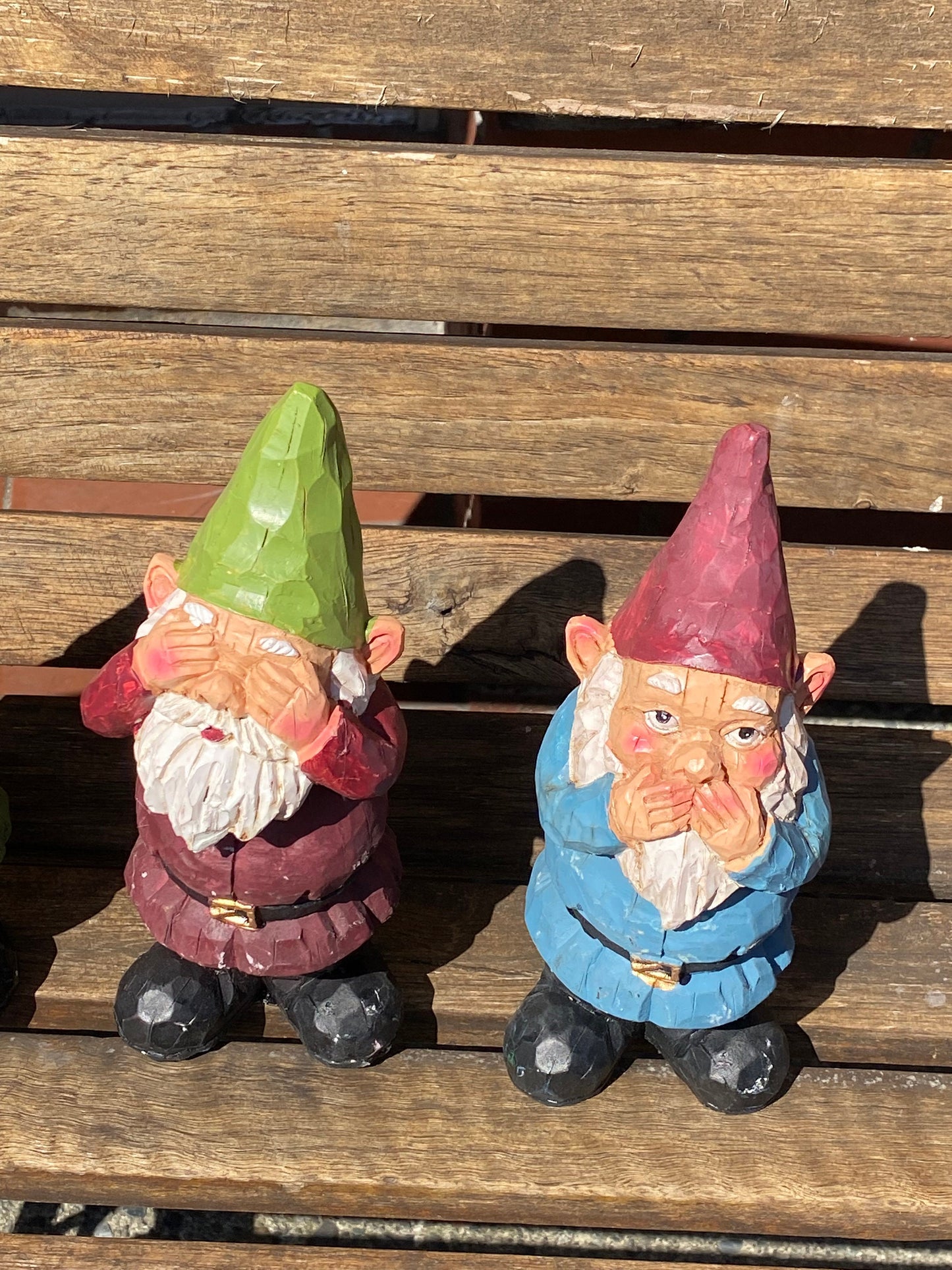 Adorable set of 3 8 inch gnomes  Concrete with porcelain bobble  heads  see no hear no speak no evil  Amazing garden gift