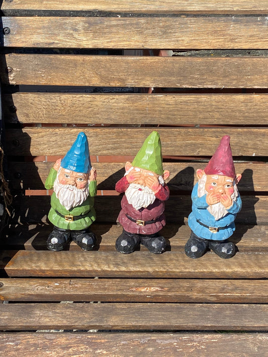 Adorable set of 3 8 inch gnomes  Concrete with porcelain bobble  heads  see no hear no speak no evil  Amazing garden gift