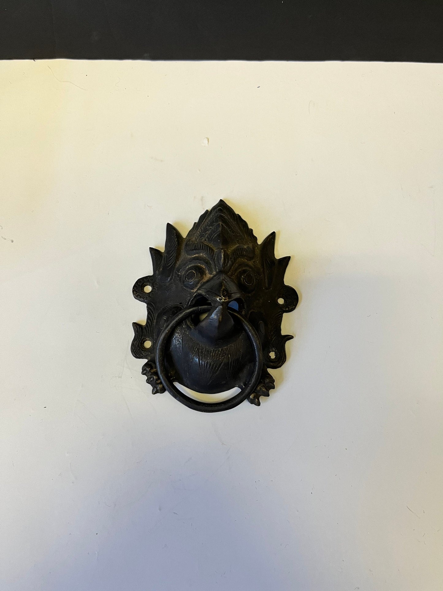 Stunning antique Tibetan 5 inch bronze door knocker representing the devil  needs screws  Fabulous detail and Patina