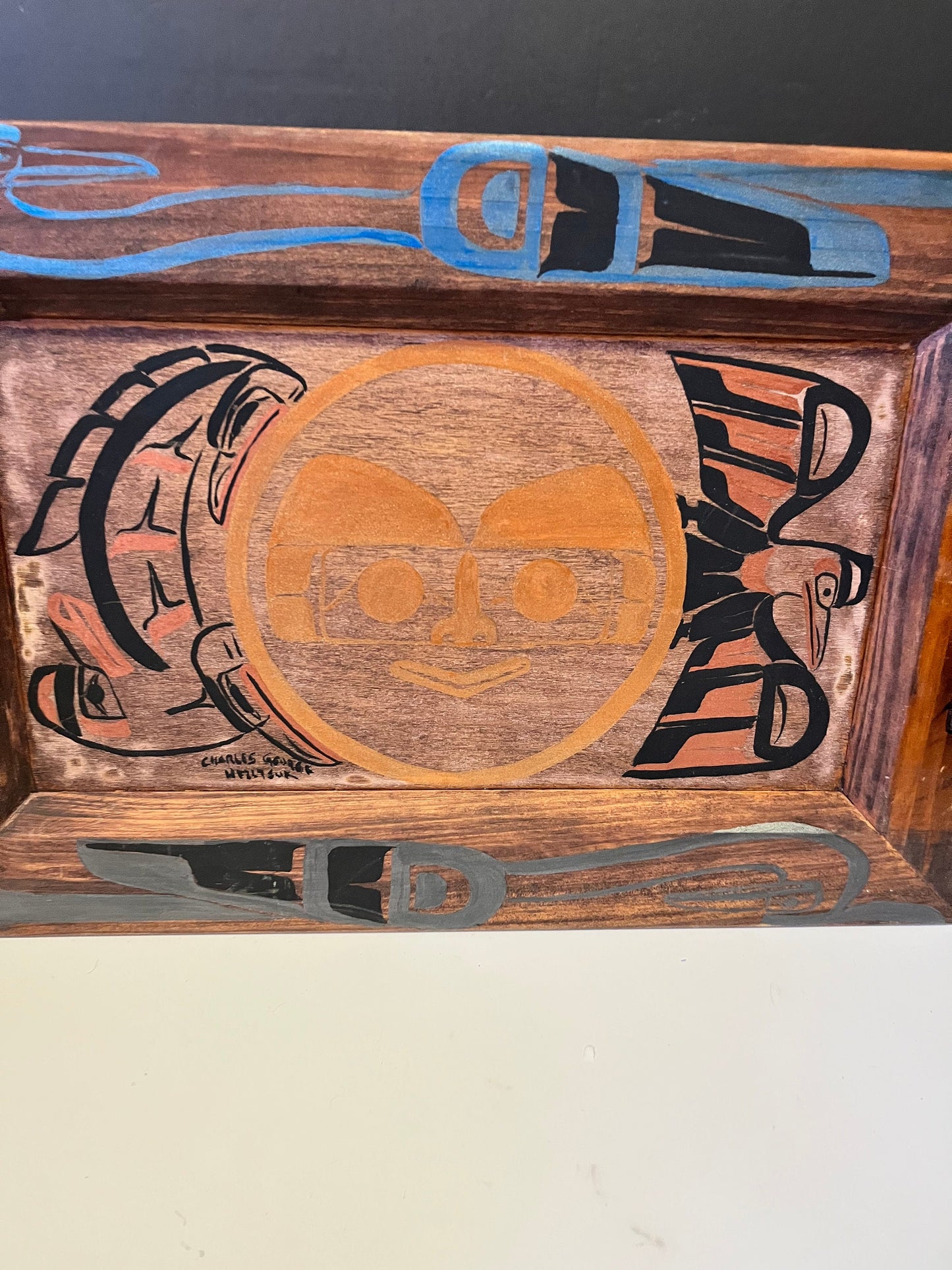 Absolutely fabulous 17 x 12 painted indigenous tray by Master carver Charlie George on Vancouver Island - All the piece  little as is