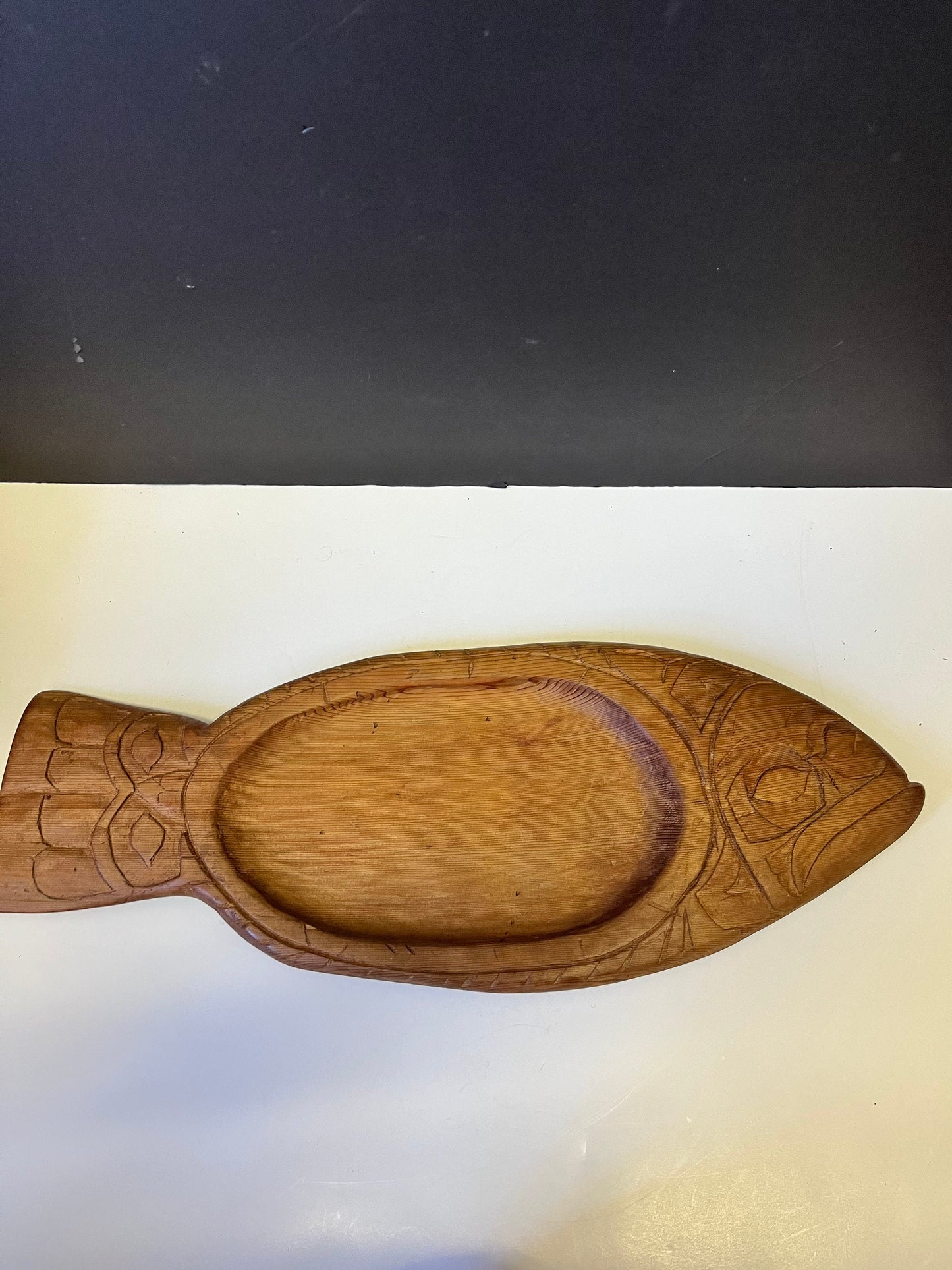 lovely indistinctly signed indigenous first Nations cedar feast bowl in the shape of a fish  Primitive but well carved  wow - 21 inches