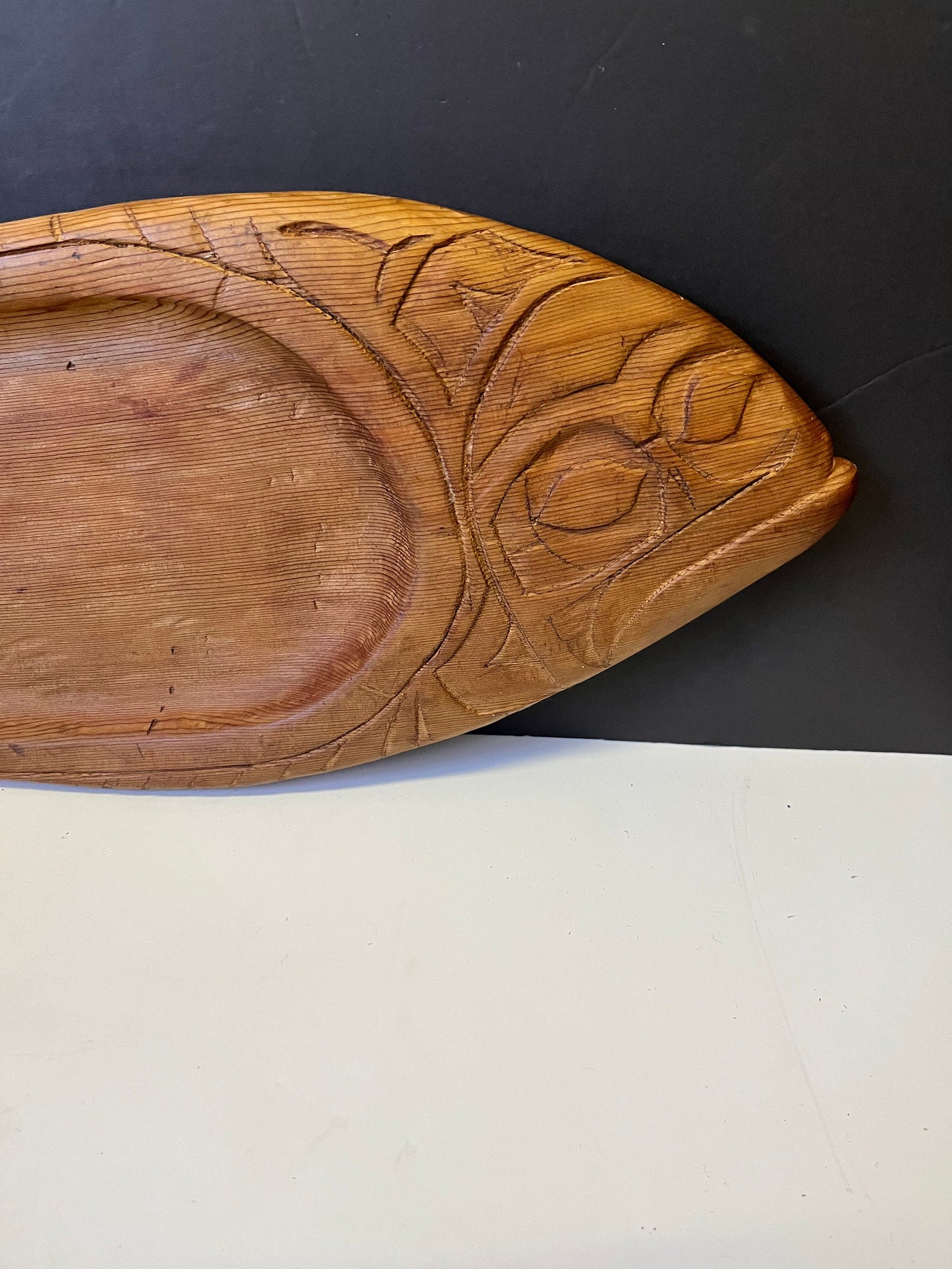 lovely indistinctly signed indigenous first Nations cedar feast bowl in the shape of a fish  Primitive but well carved  wow - 21 inches