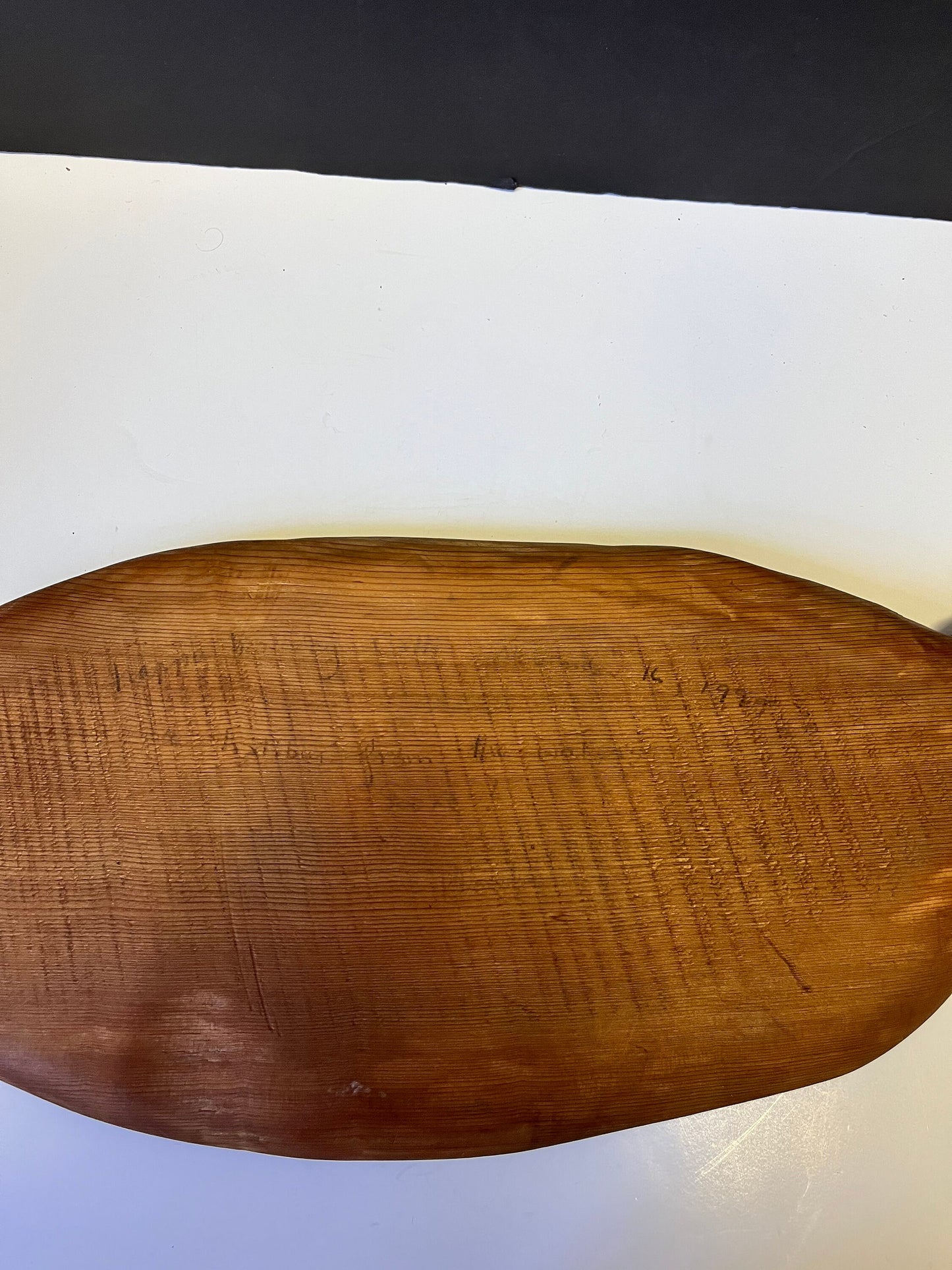 lovely indistinctly signed indigenous first Nations cedar feast bowl in the shape of a fish  Primitive but well carved  wow - 21 inches