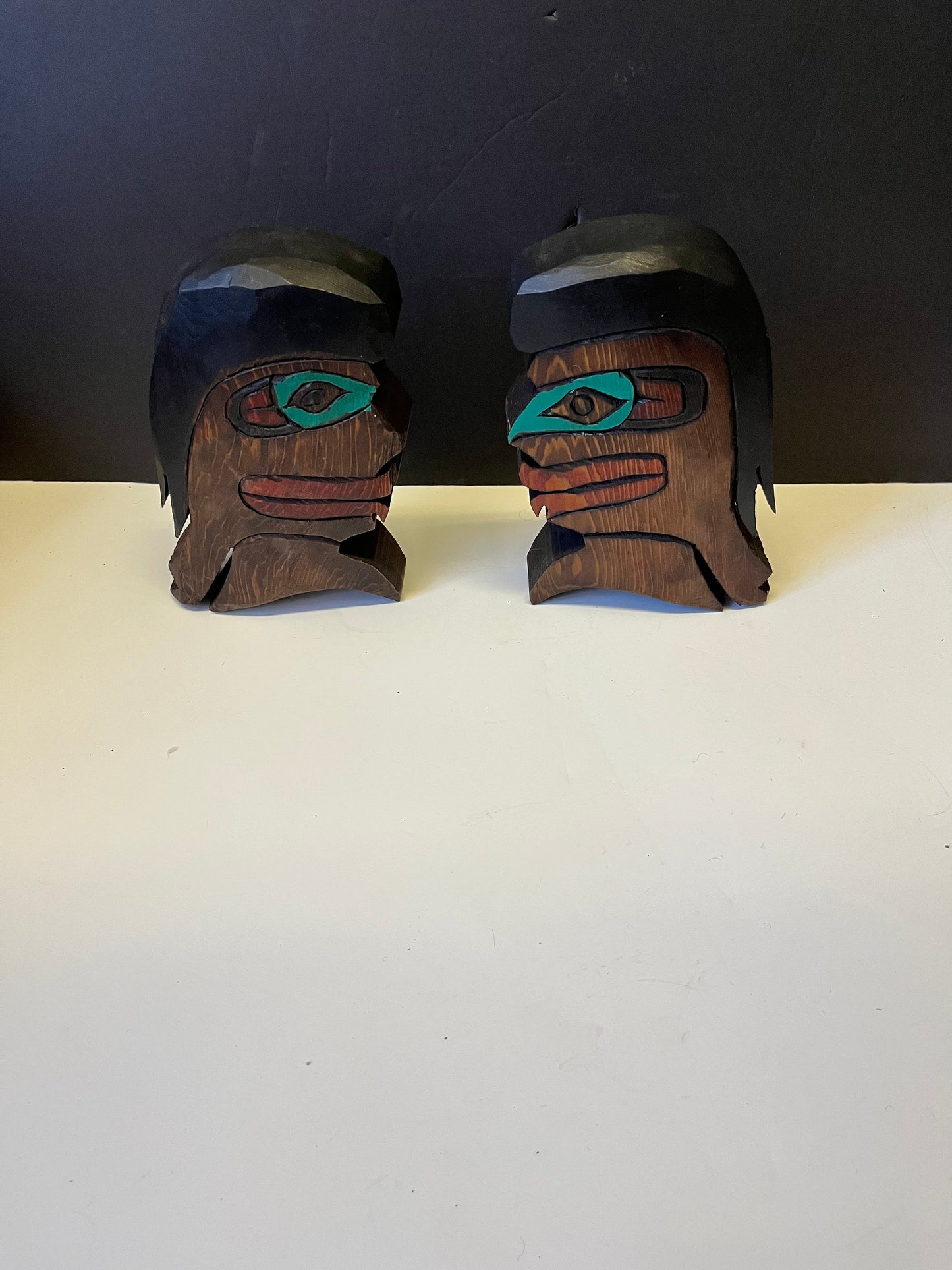 Pair Absolutely fabulous indigenous West Coast 7 x 5 x 2 deep carvings depicting Chiefs! - Indistinctly signed - can stand or need hanger!