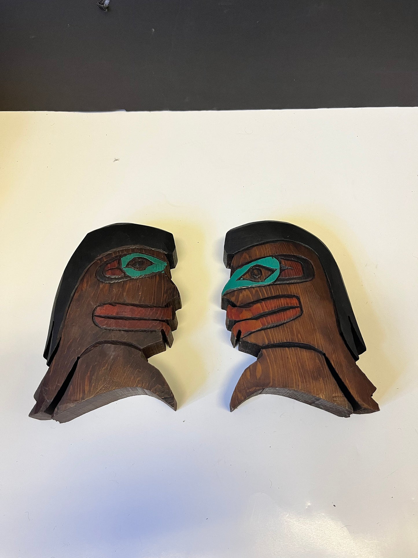 Pair Absolutely fabulous indigenous West Coast 7 x 5 x 2 deep carvings depicting Chiefs! - Indistinctly signed - can stand or need hanger!