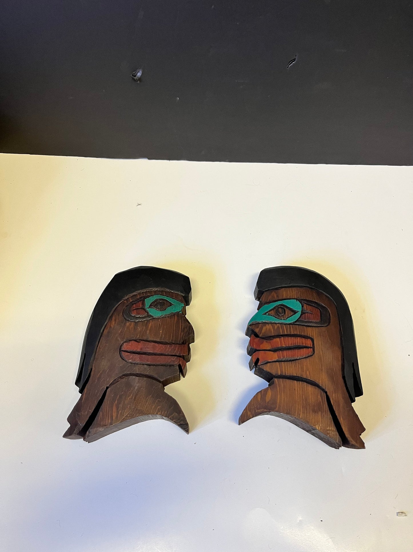 Pair Absolutely fabulous indigenous West Coast 7 x 5 x 2 deep carvings depicting Chiefs! - Indistinctly signed - can stand or need hanger!