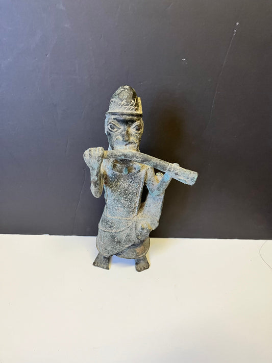 Absolutely magical 13 inch tall African Dogan bronze statue playing an instrument  Early 19 century or earlier  Wonderful Patina