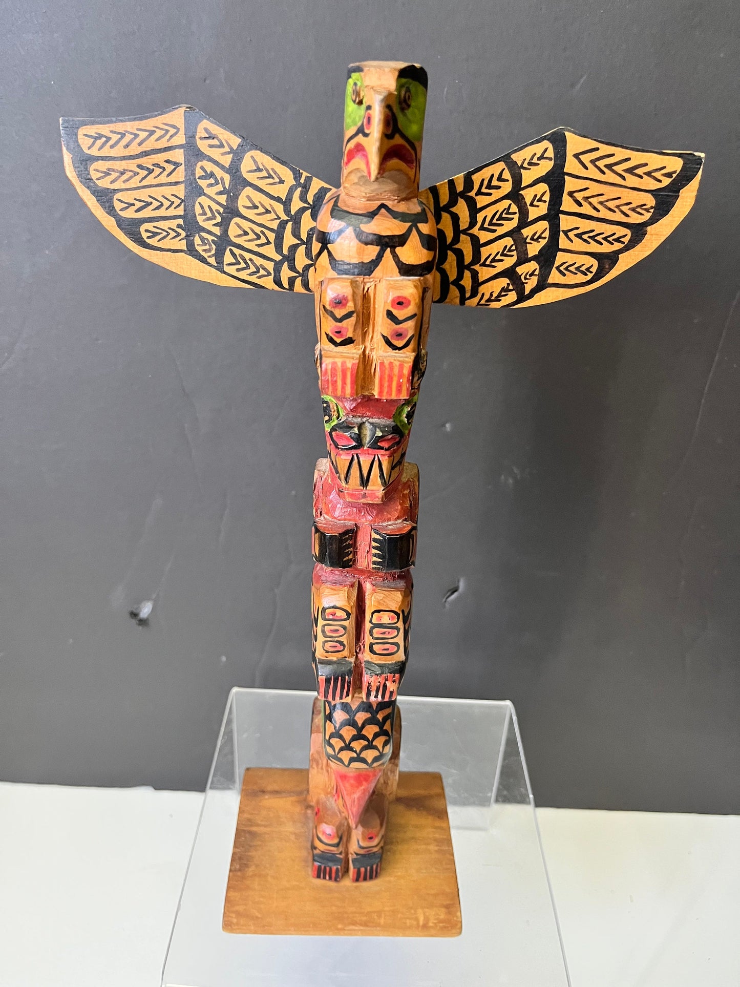 Unbelievable 12 x 8 indigenous Polychrome folk art totem pole with wings  antique In great condition was amazing paint detail - wow wow