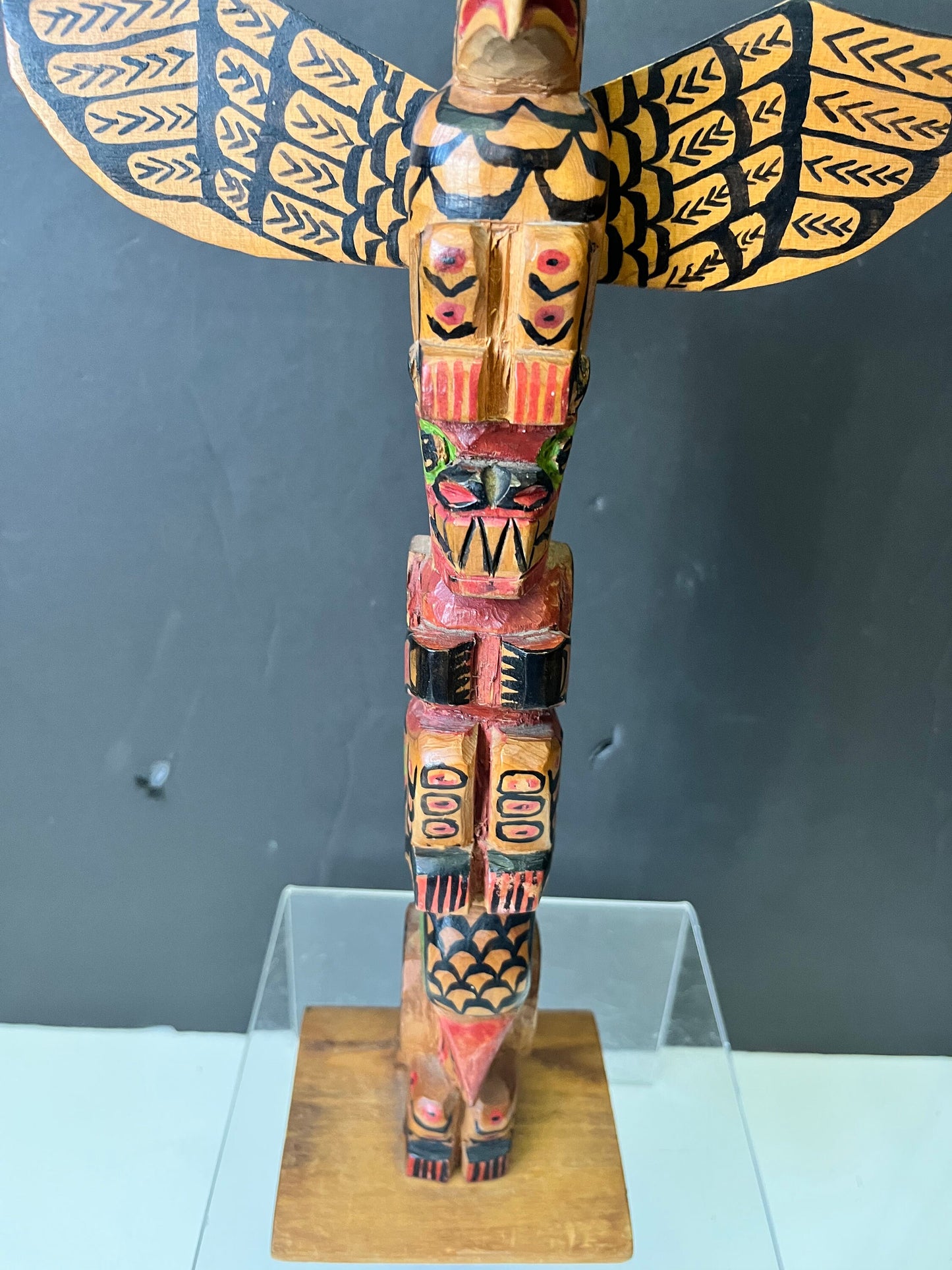 Unbelievable 12 x 8 indigenous Polychrome folk art totem pole with wings  antique In great condition was amazing paint detail - wow wow