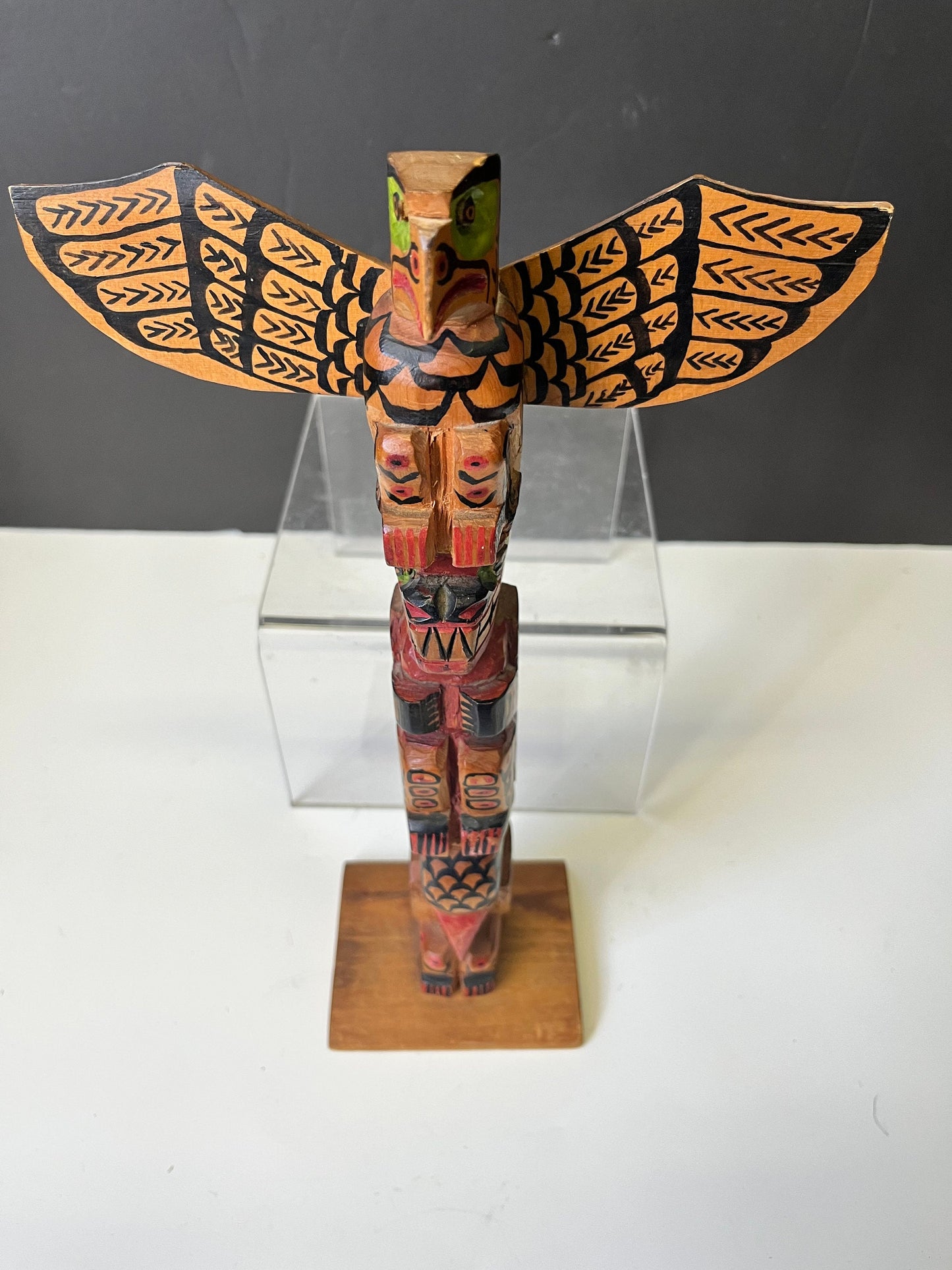 Unbelievable 12 x 8 indigenous Polychrome folk art totem pole with wings  antique In great condition was amazing paint detail - wow wow