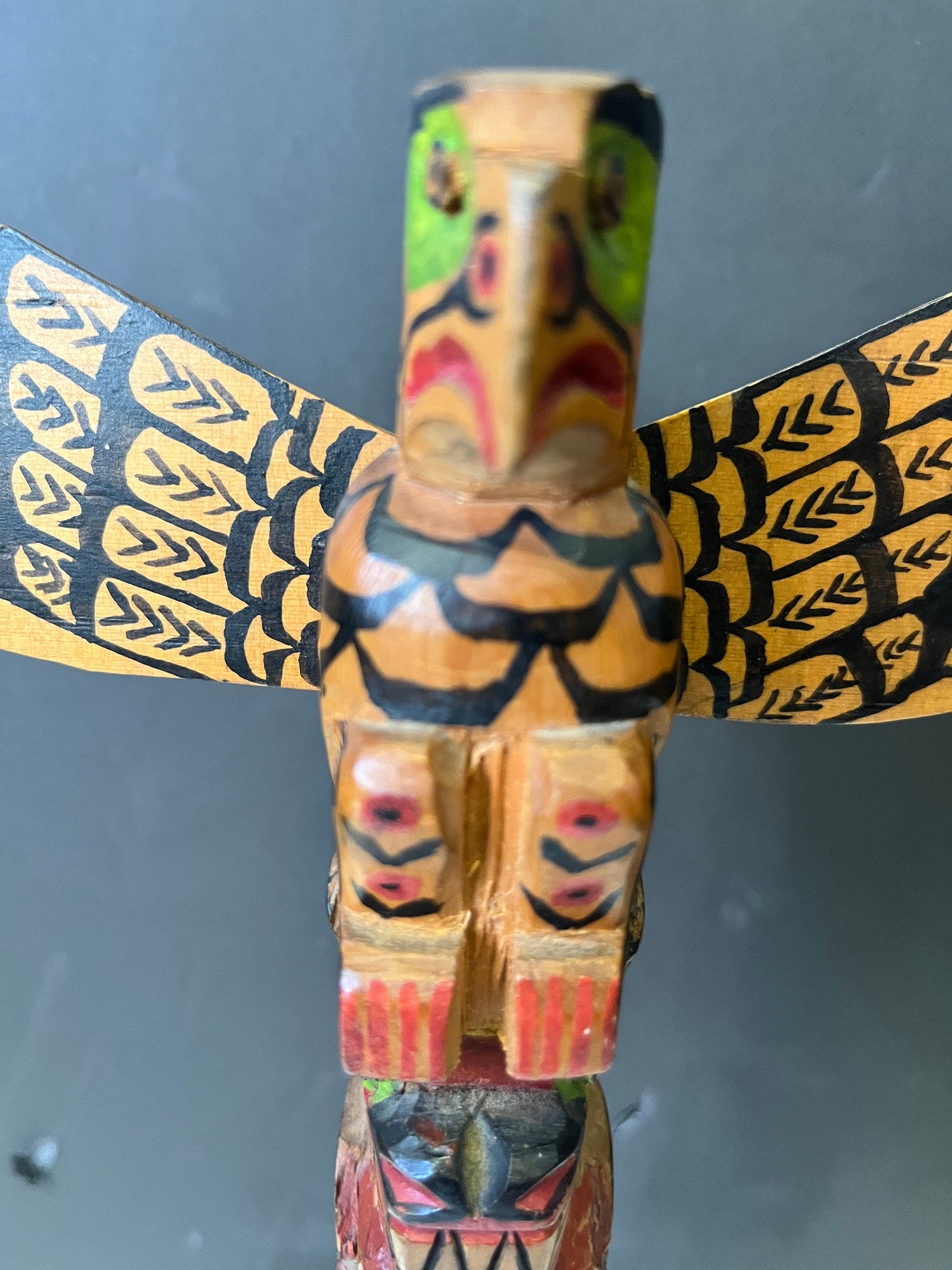 Unbelievable 12 x 8 indigenous Polychrome folk art totem pole with wings  antique In great condition was amazing paint detail - wow wow