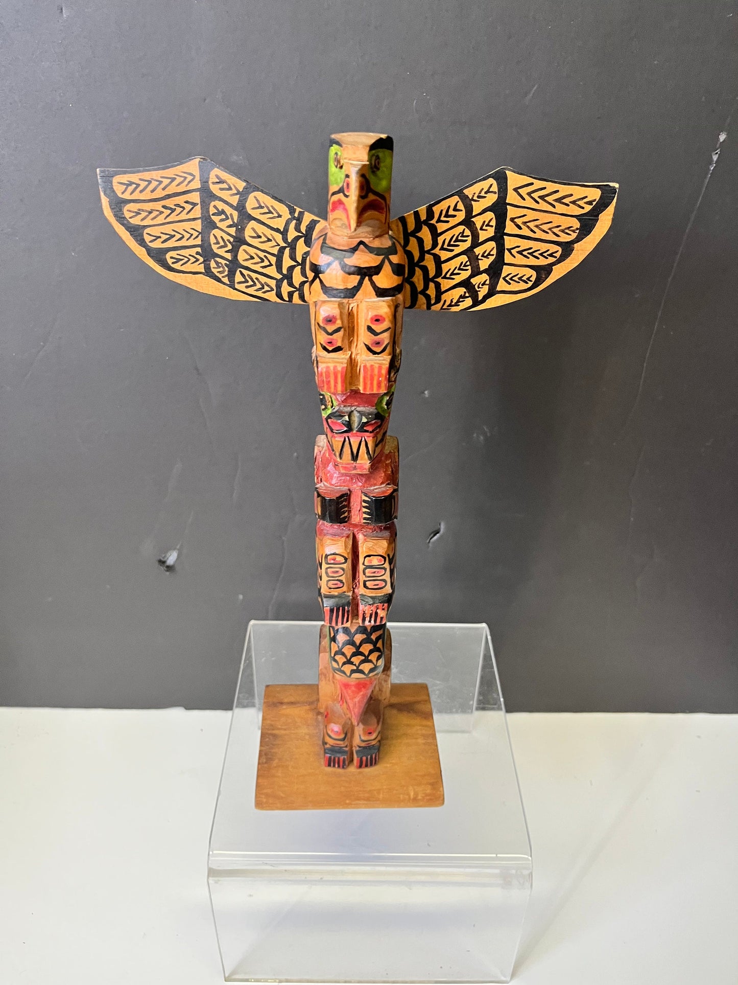 Unbelievable 12 x 8 indigenous Polychrome folk art totem pole with wings  antique In great condition was amazing paint detail - wow wow