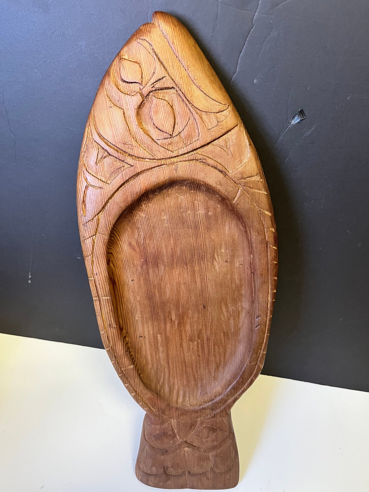 lovely indistinctly signed indigenous first Nations cedar feast bowl in the shape of a fish  Primitive but well carved  wow - 21 inches