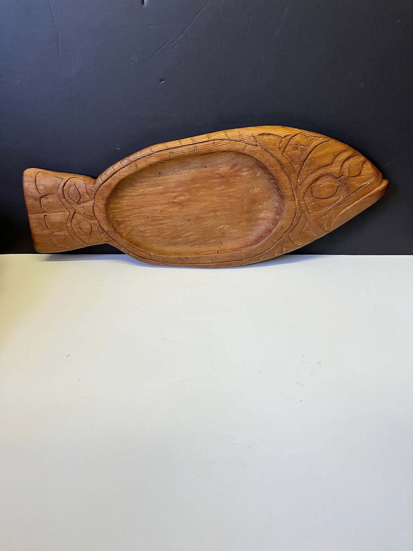 lovely indistinctly signed indigenous first Nations cedar feast bowl in the shape of a fish  Primitive but well carved  wow - 21 inches